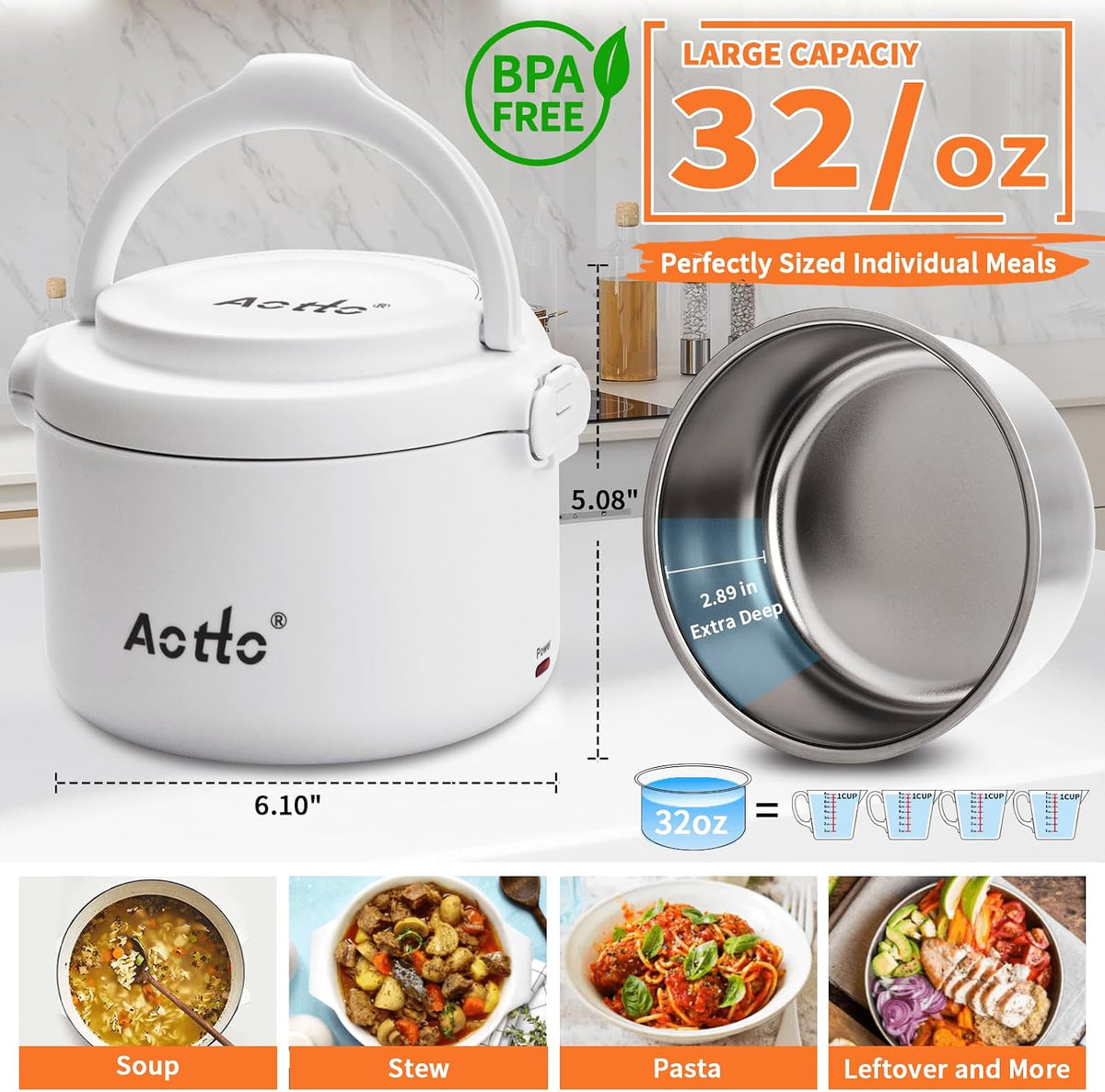 Aotto Fiambrera eléctrica, calentador portátil de alimentos de 32 o...