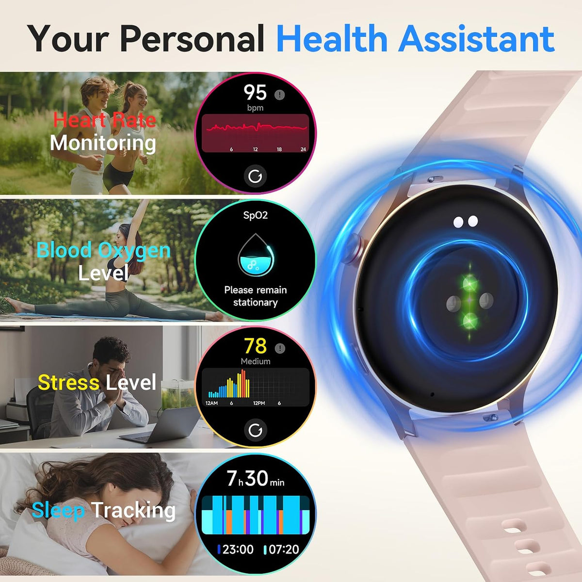 Fitpolo - Reloj inteligente para mujer, rastreador de fitness AMOLE...