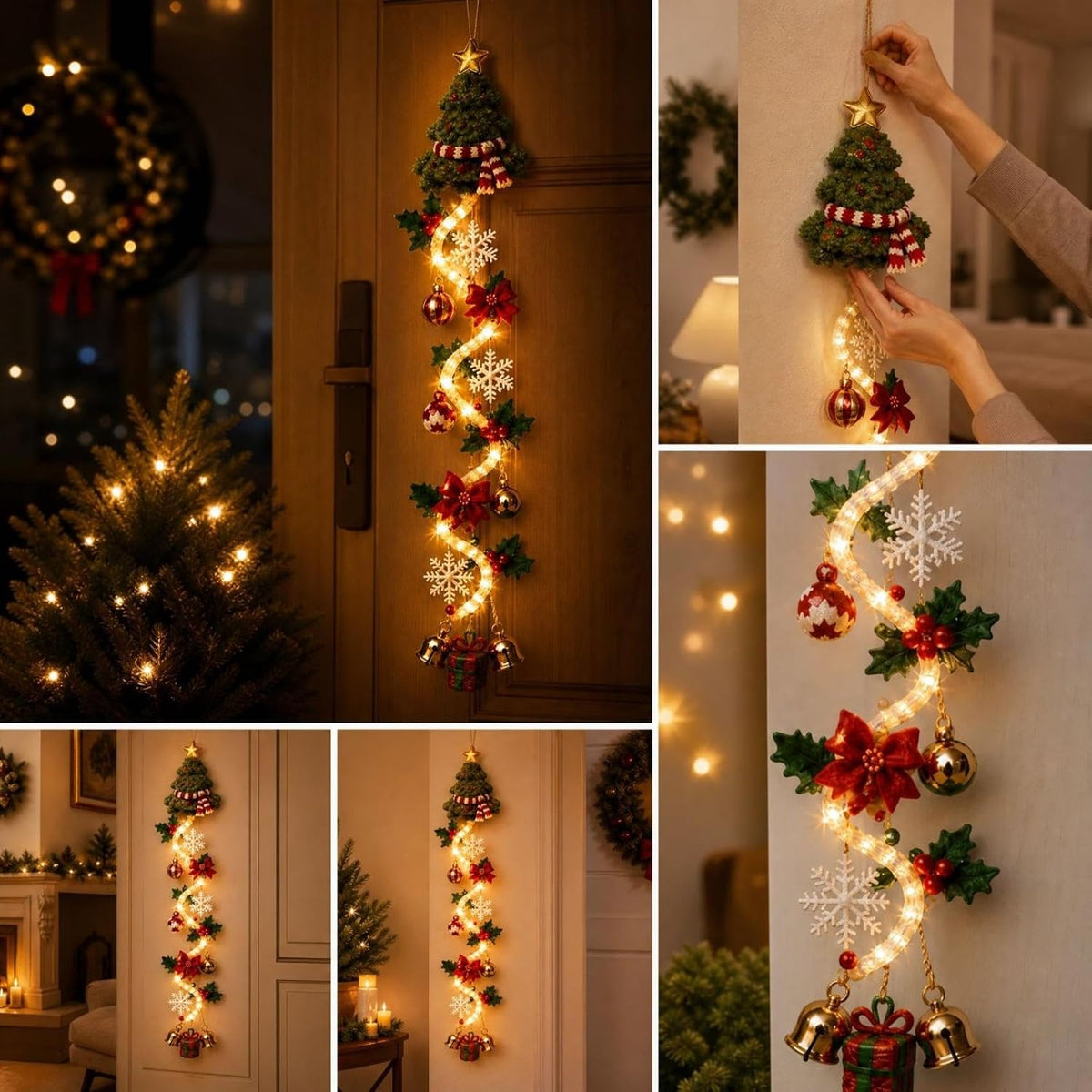 Colgante de puerta de Navidad con muñeco de nieve iluminado, cálido...