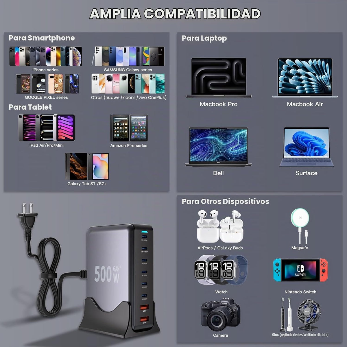 Estación de carga USB C GaN de 500 W, bloque de carga rápida de 8 p...