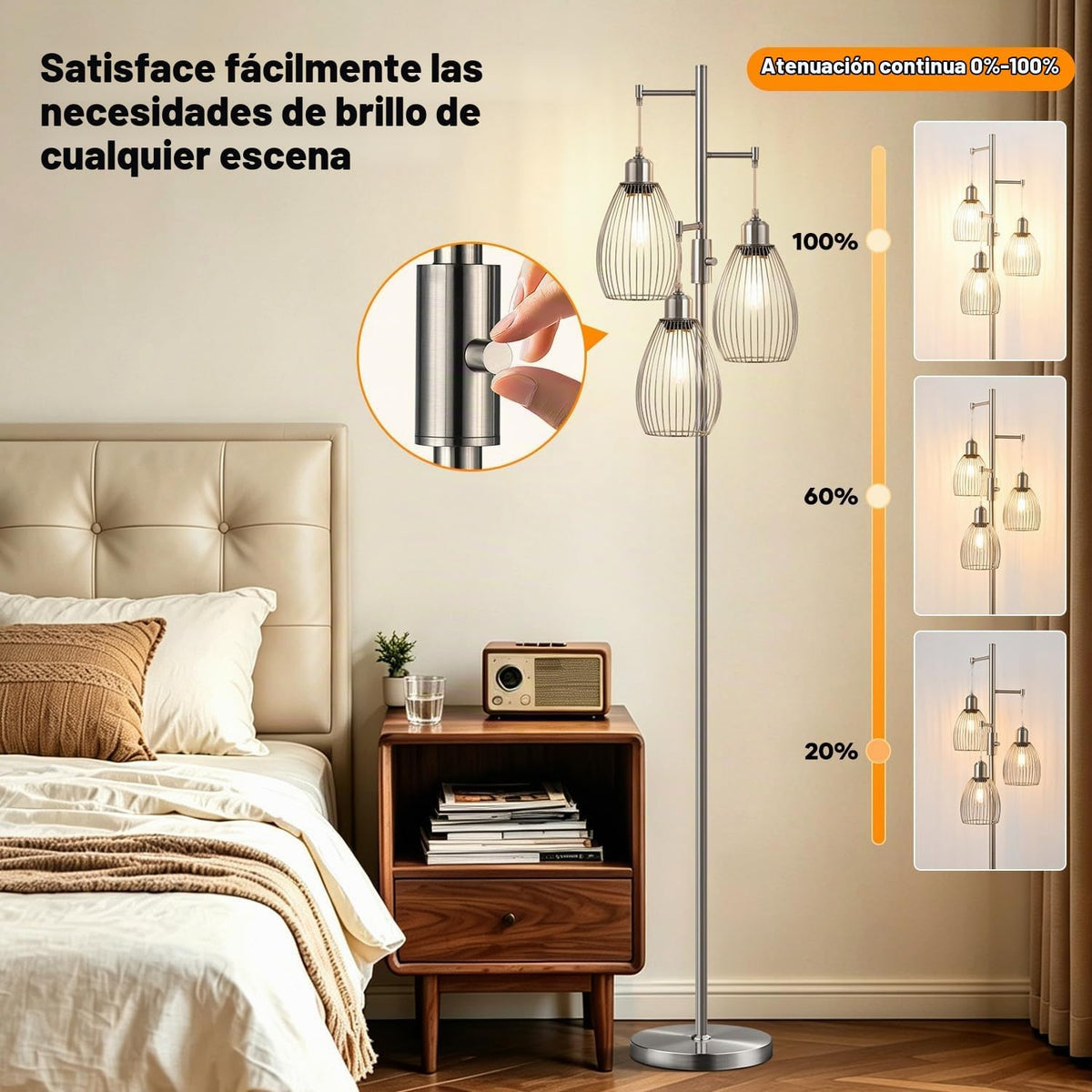 Nintiue Lámpara de pie regulable, 3 bombillas LED Edison de 800 lm...