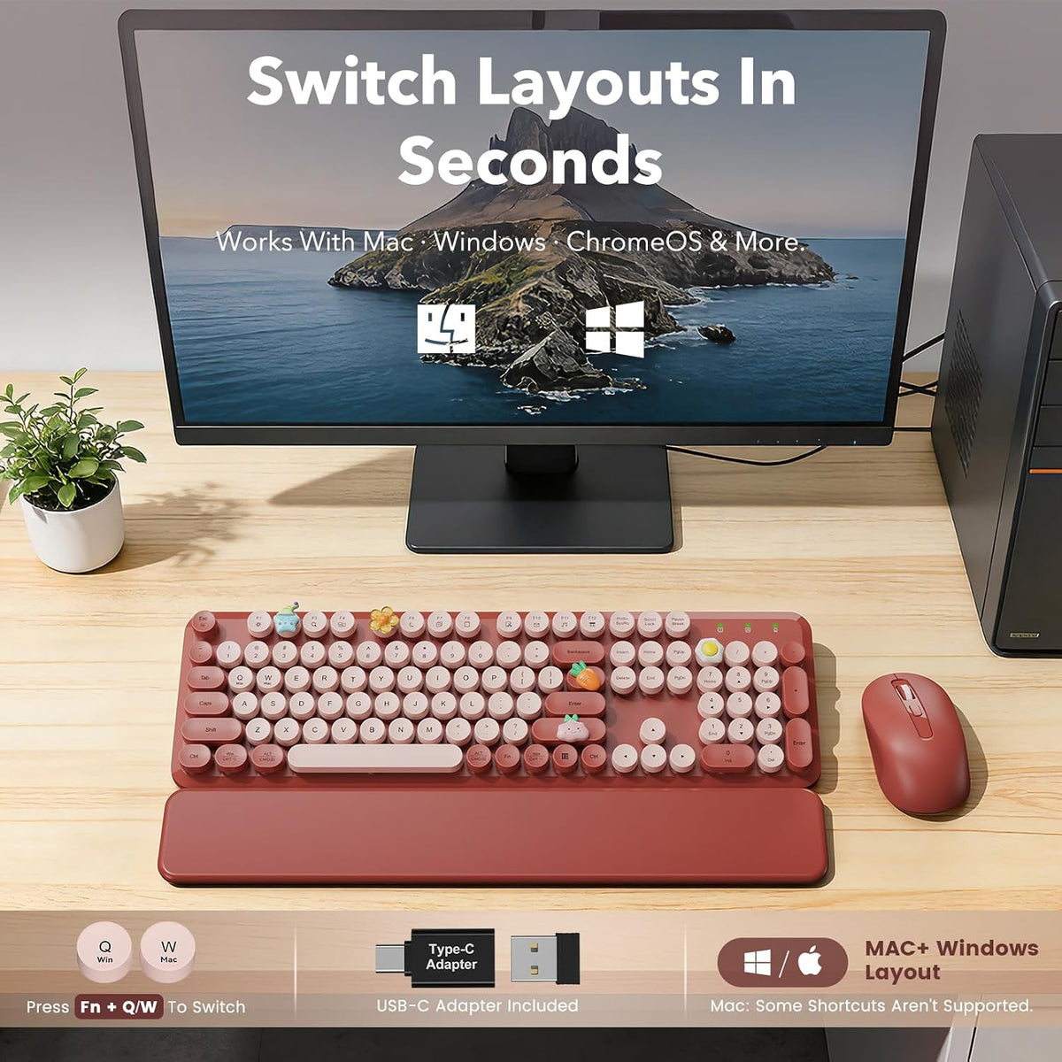 SABLUTE Combo de teclado y mouse inalámbrico, rojo burdeos, reposam...