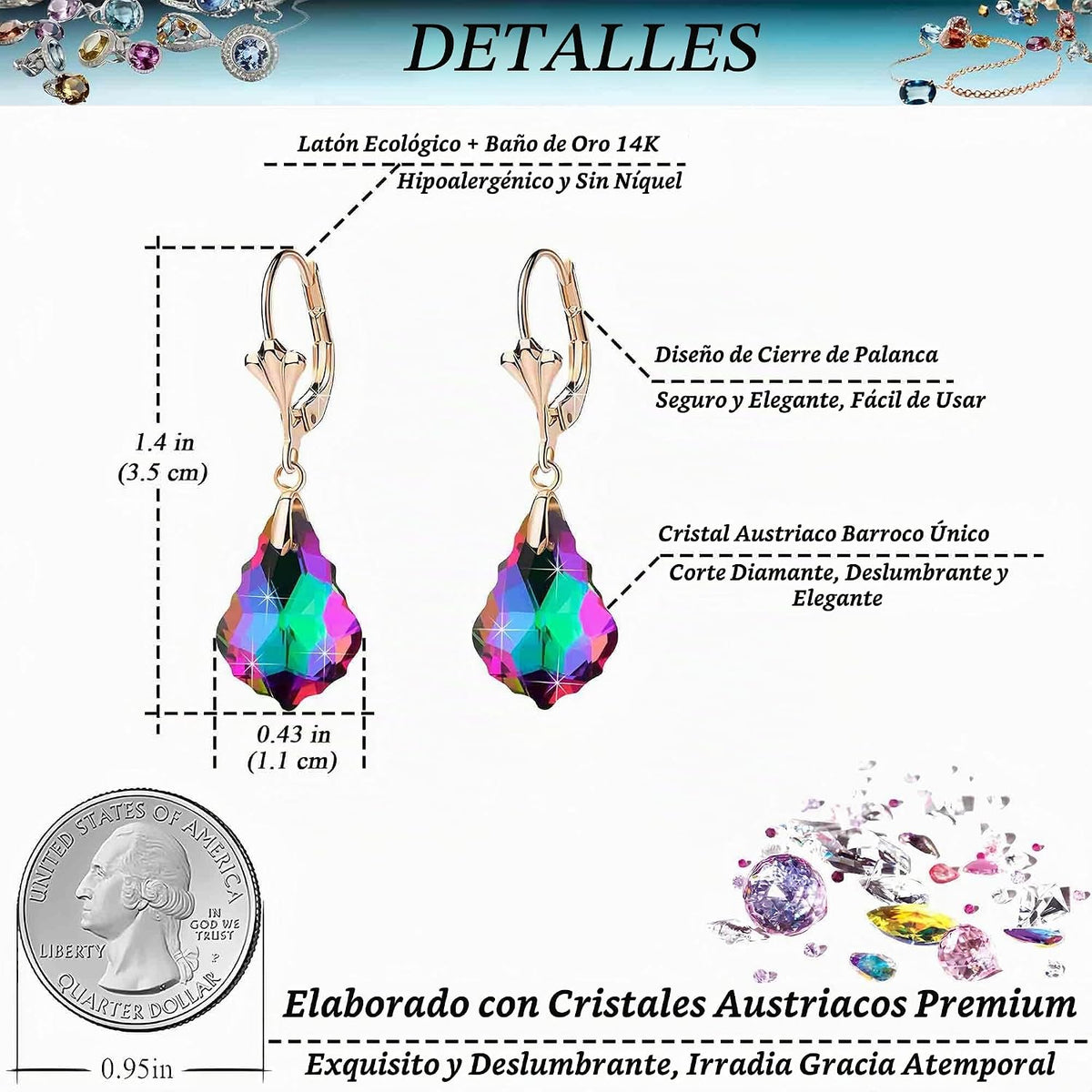 Aretes de cristal austriaco barroco con cierre de palanca para muje...