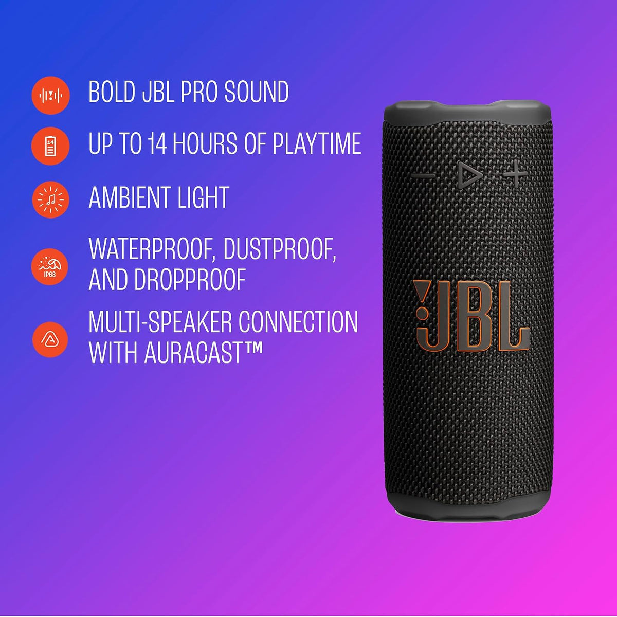 Altavoz Bluetooth portátil JBL Grip, resistente al agua, luz ambien...