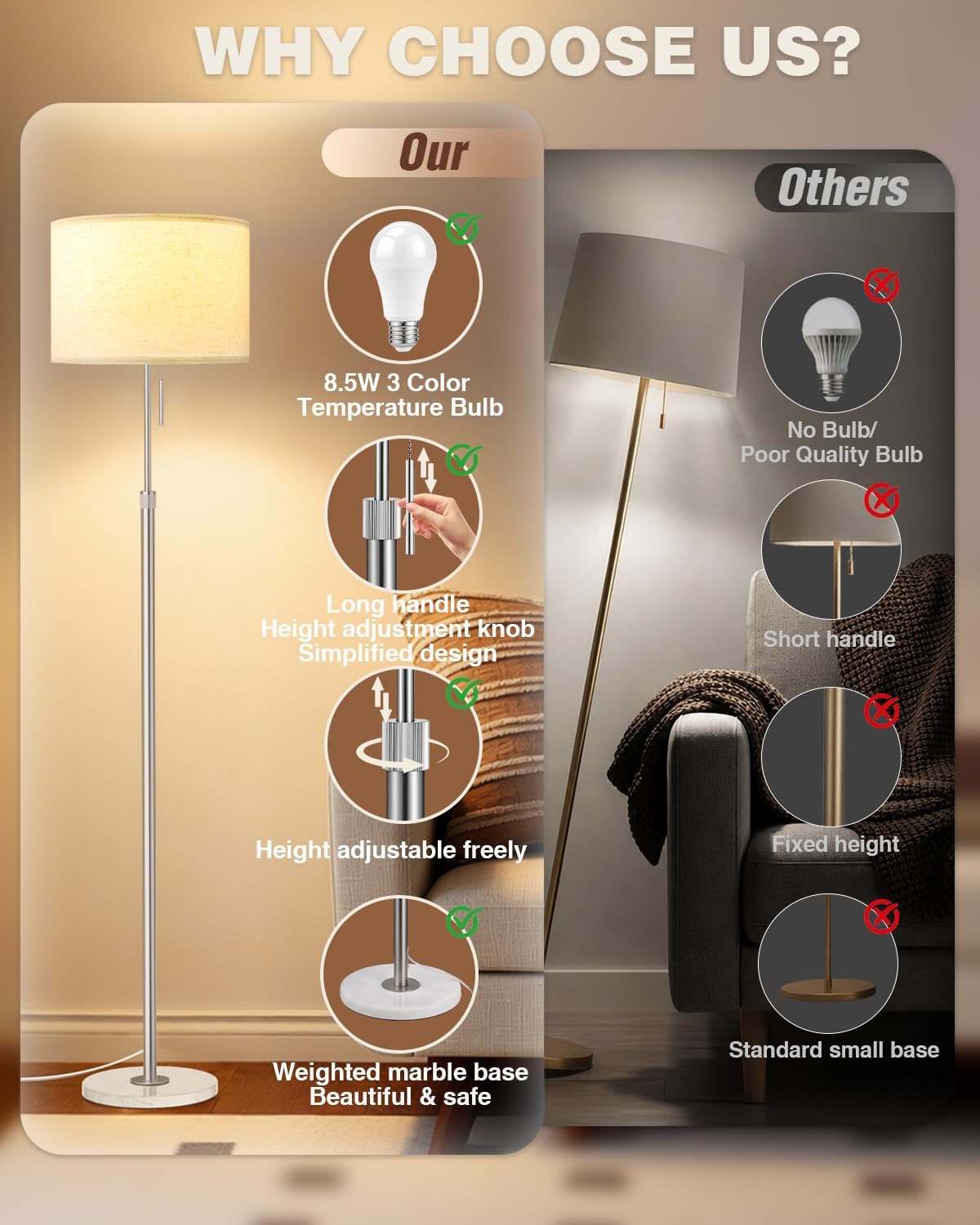 Ambimall Lámpara de pie moderna ajustable en altura, base de mármol...