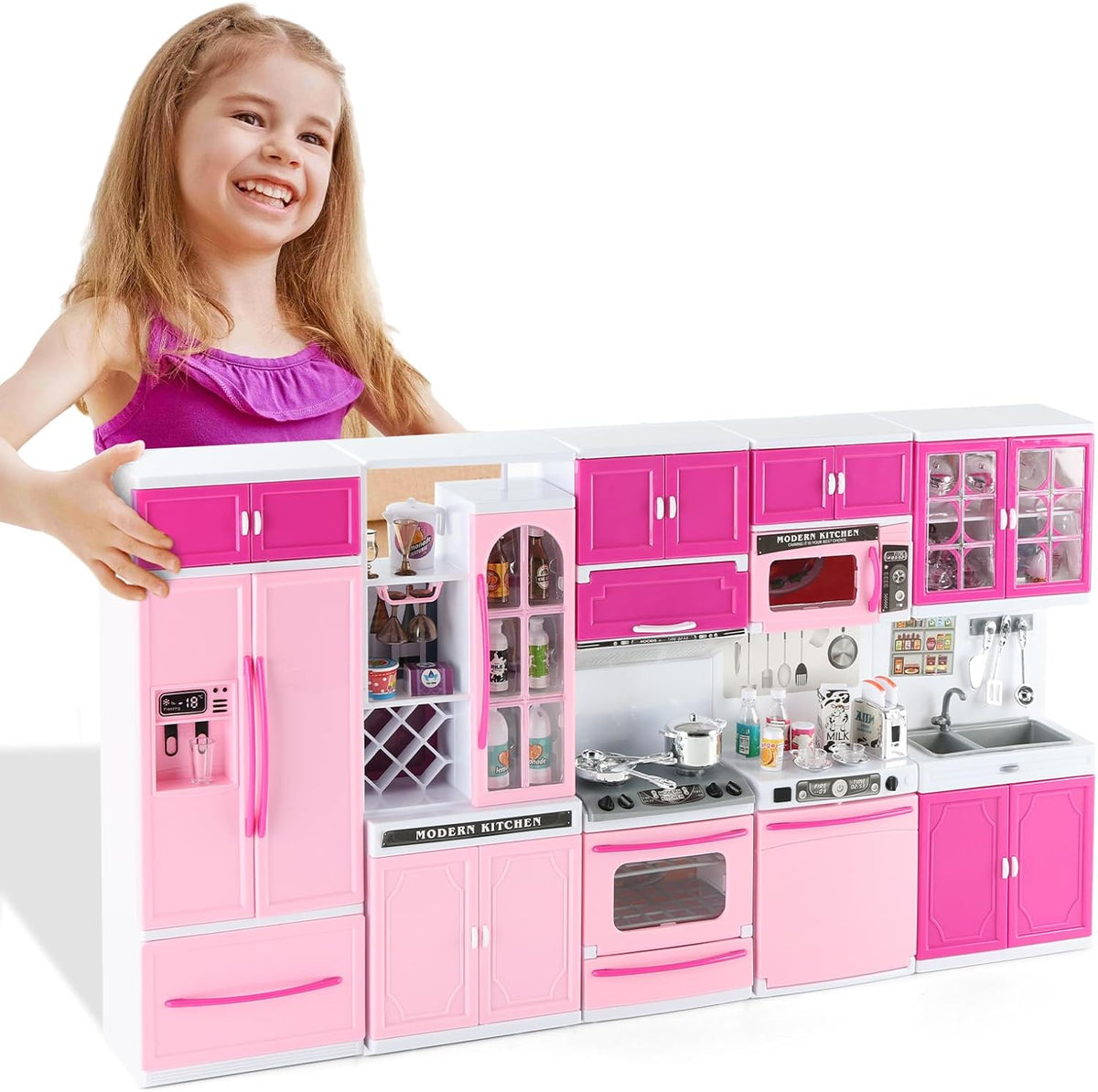 SOCBTNSO 64 piezas de juguete de cocina rosa con luces y sonidos pa...