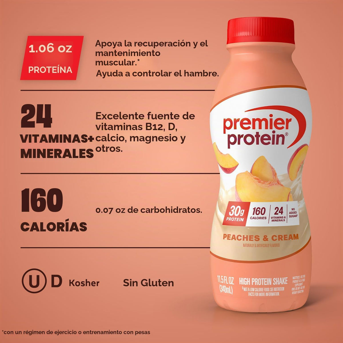 Premier Protein Batido alto en proteínas, melocotones y crema, 12 u...