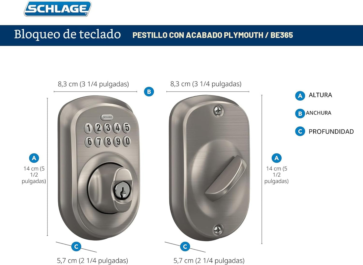 Schlage - Cerrojo de seguridad Plymouth BE365 PLY 716 con teclado,...