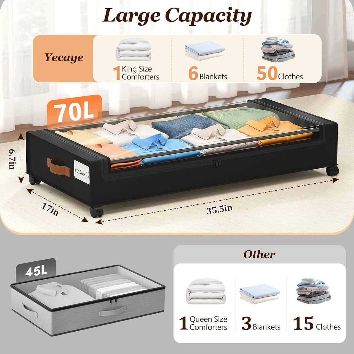 Yecaye Almacenamiento debajo de la cama de 70 L con ruedas, paquete...