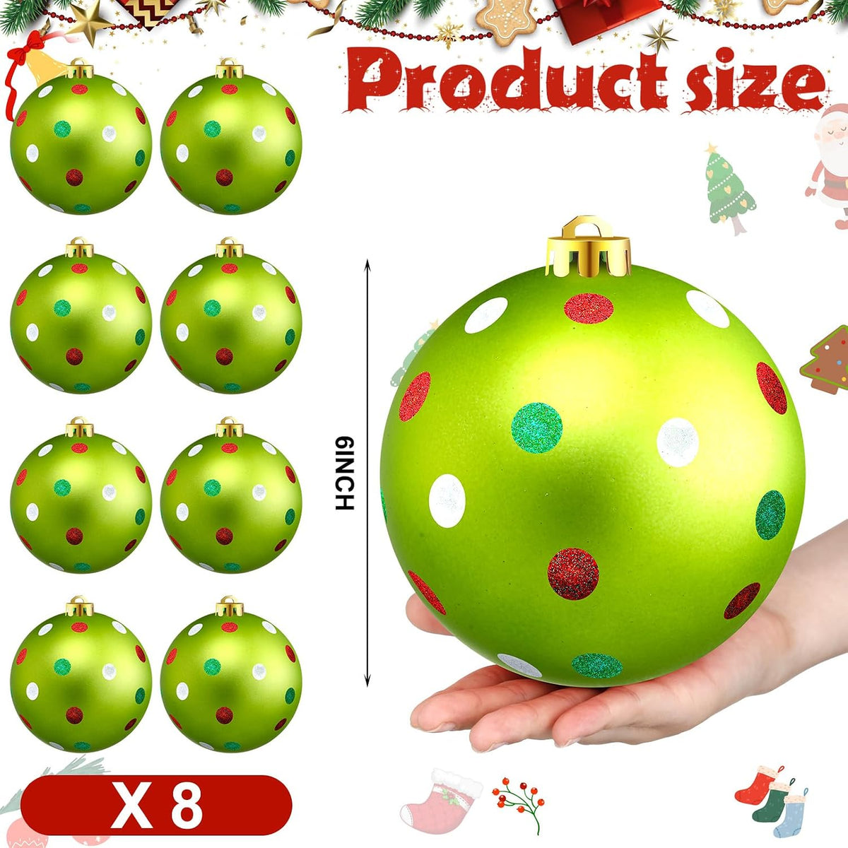 Deekin - Paquete de 8 bolas de adorno de Navidad con lunares rojos...