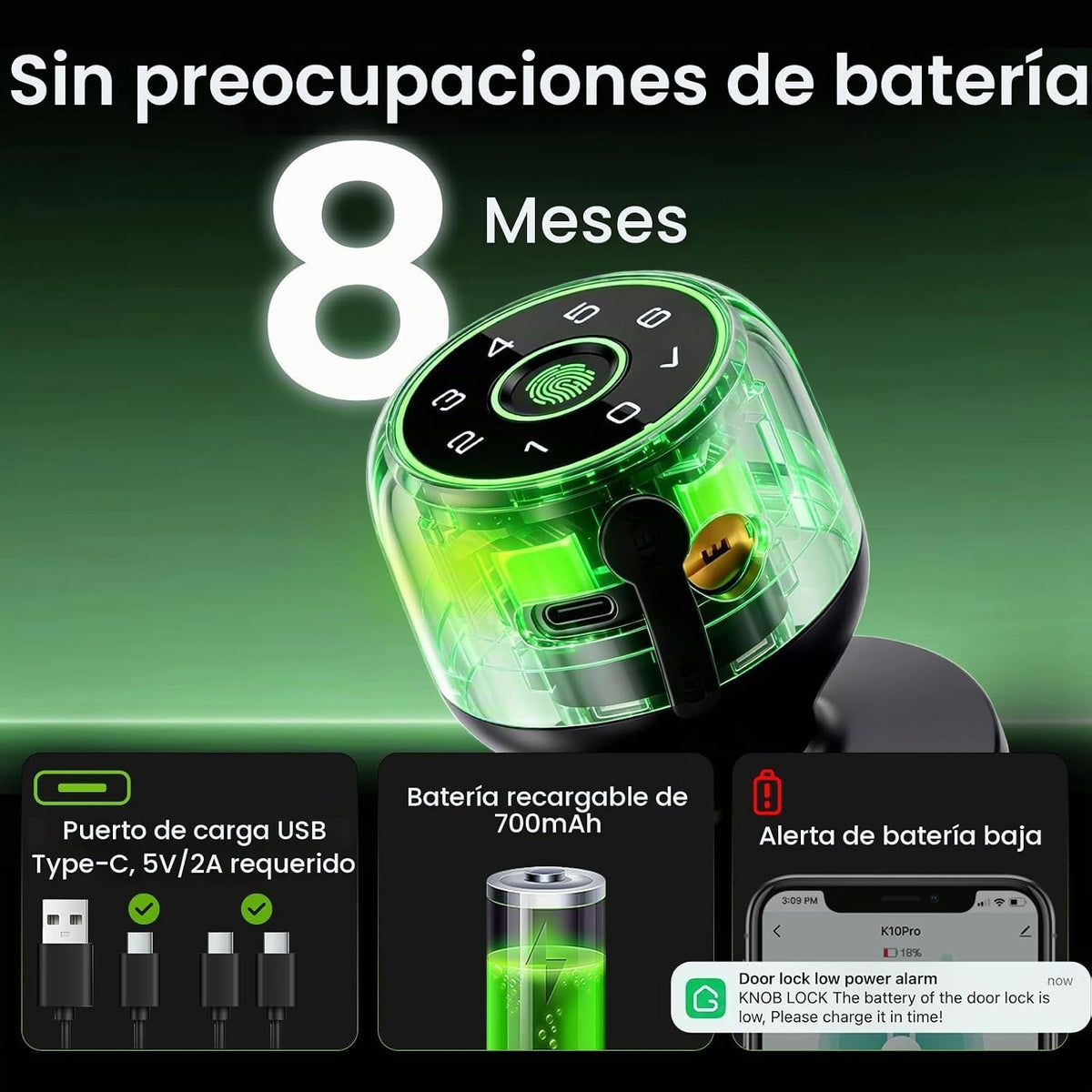 GHome Smart Cerradura de perilla de puerta con huella digital, tecl...