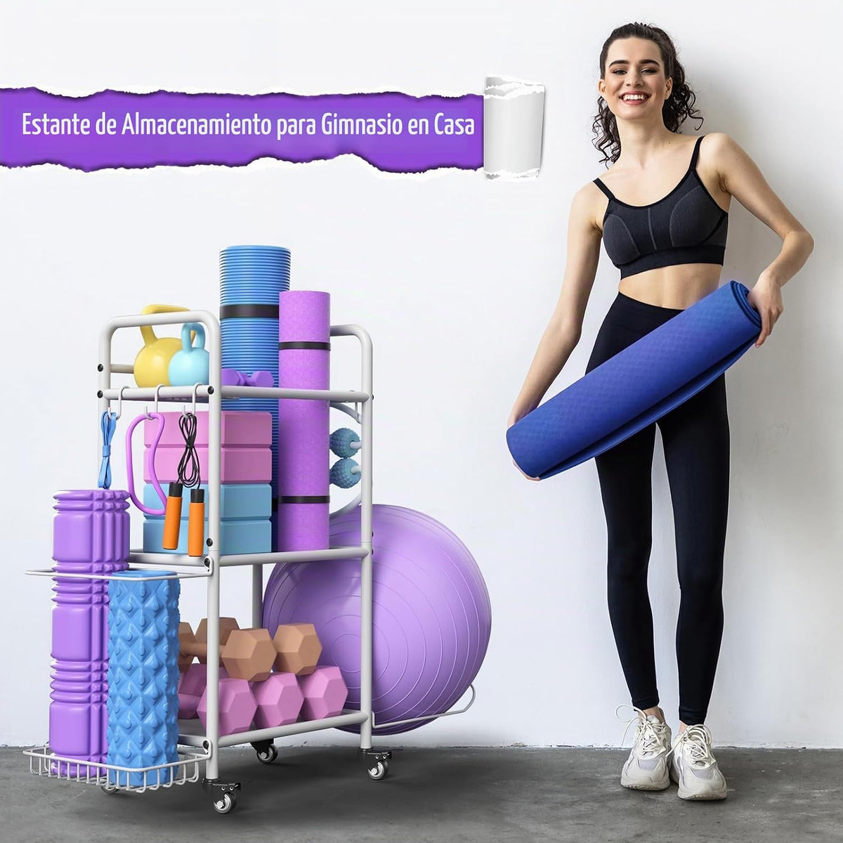 Estante de almacenamiento para gimnasio en casa, organizador de alm...