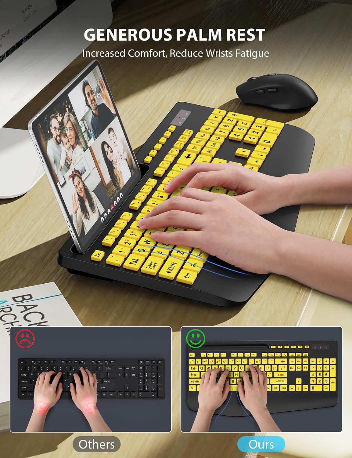 Combo de teclado y mouse inalámbricos: teclado ergonómico de impres...