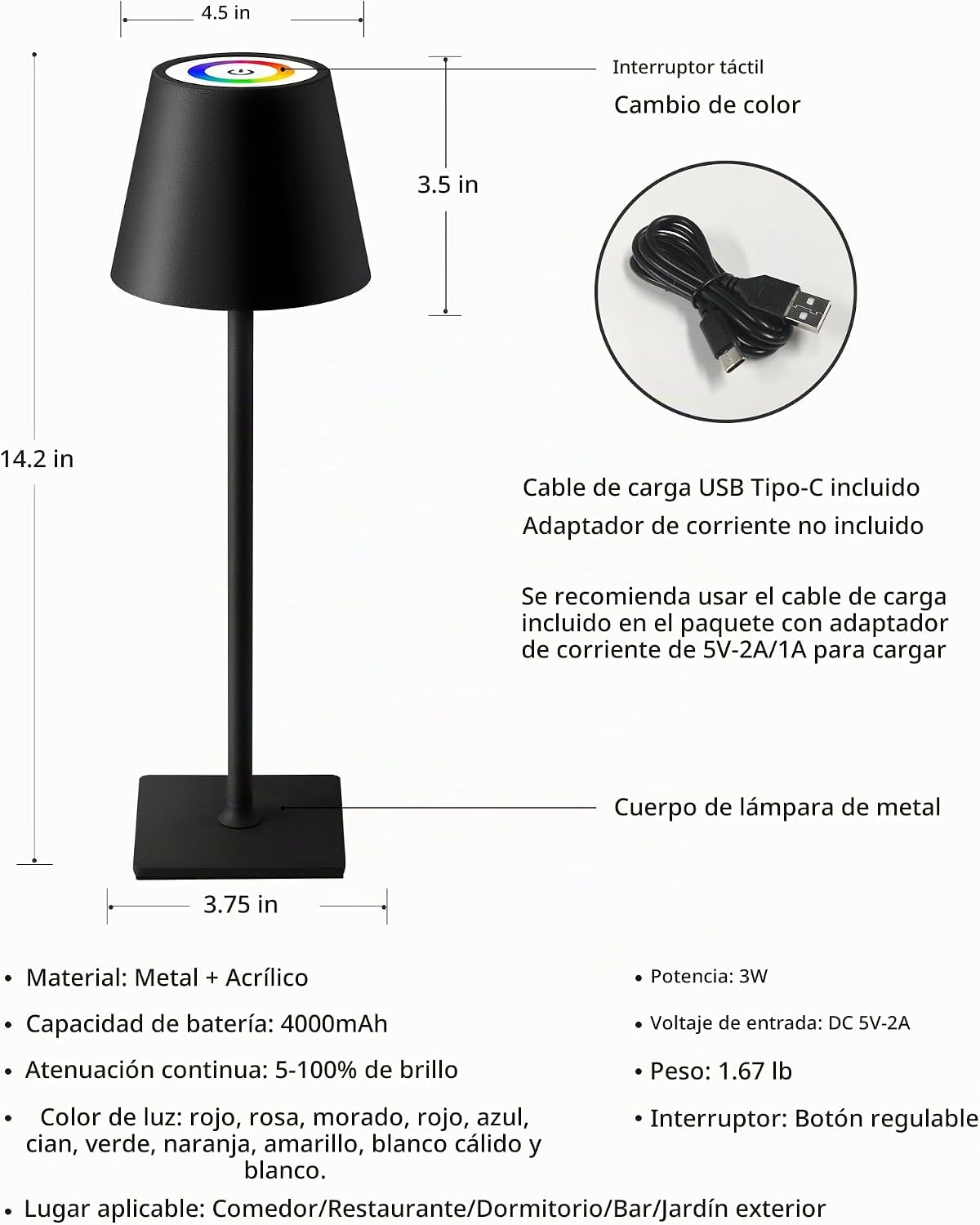 KDG Paquete de 2 lámparas de mesa inalámbricas, atenuación continua...