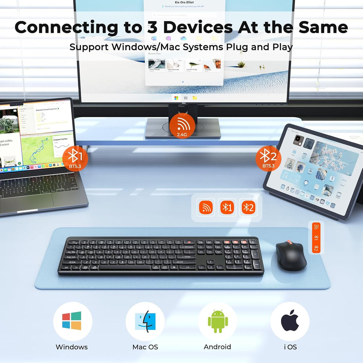 MEETION Combo de teclado y mouse Bluetooth, multidispositivo silenc...