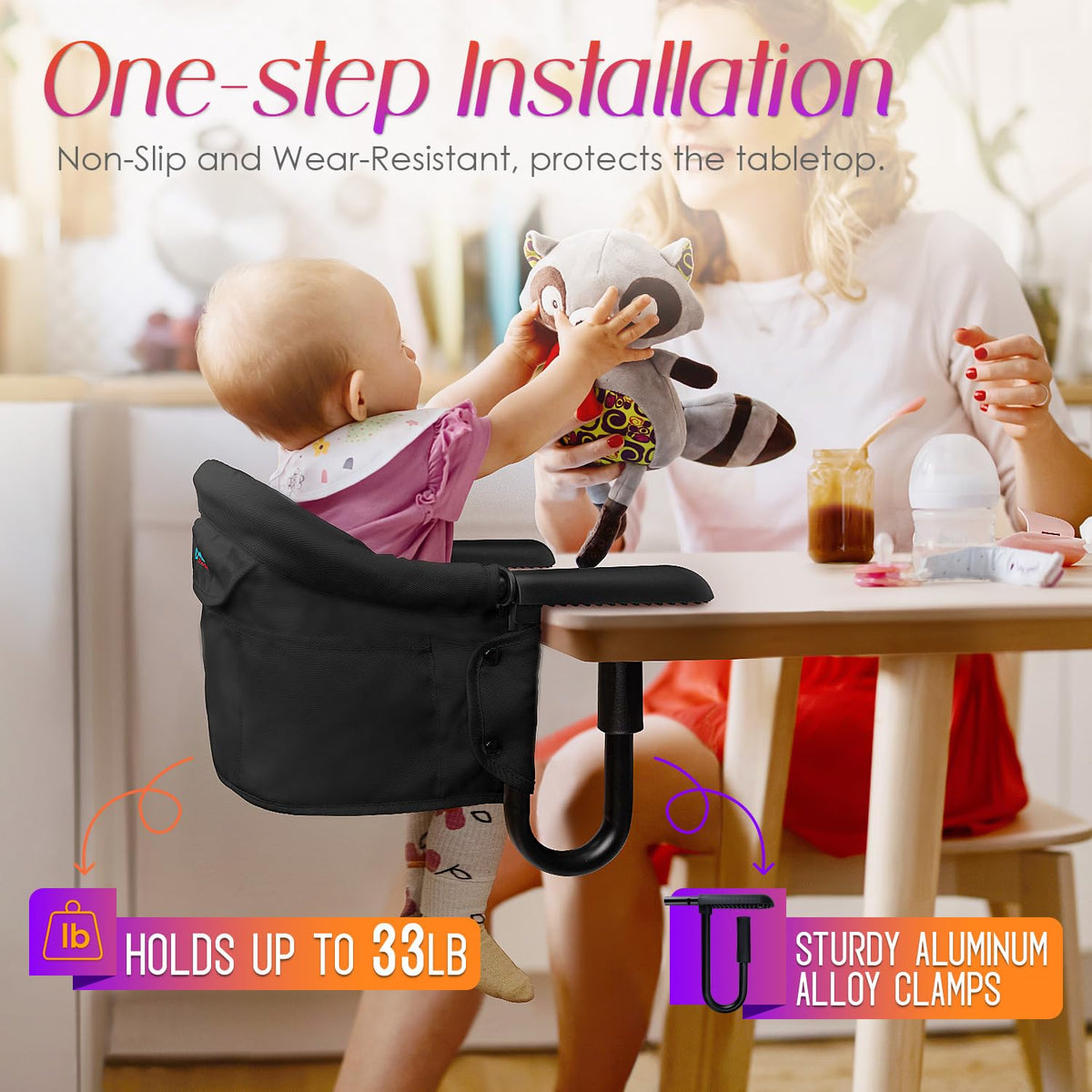 Silla alta con gancho, silla alta plegable portátil para bebés de 6...