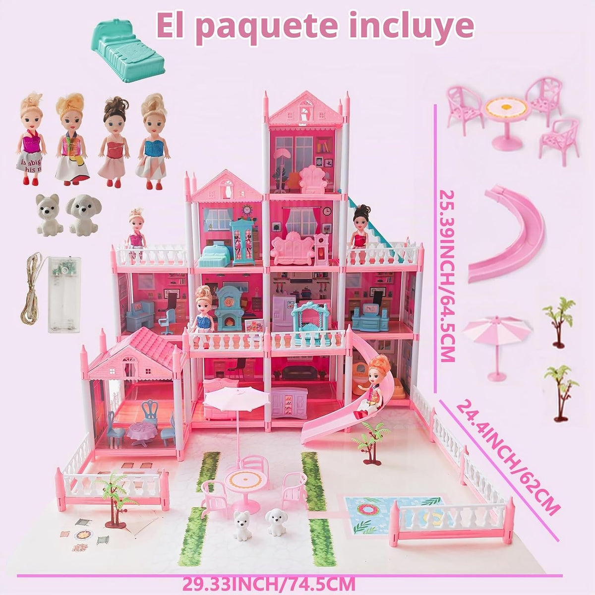 Casa de muñecas Dream para niñas, alfombrilla, luces, tobogán, muñe...