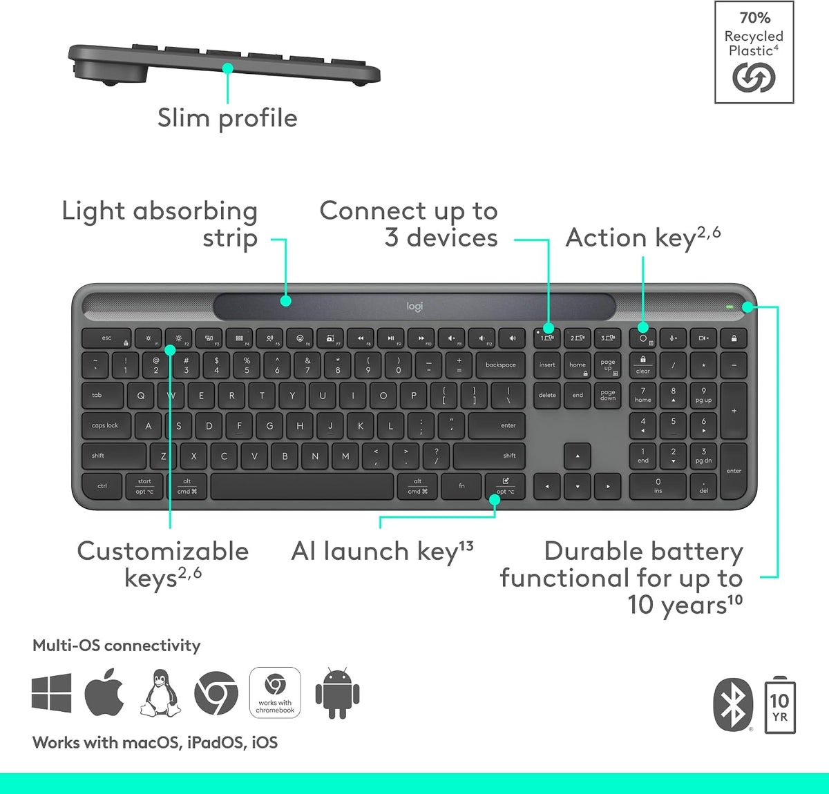 Logitech Signature Slim Solar+ K980 teclado inalámbrico Bluetooth,...