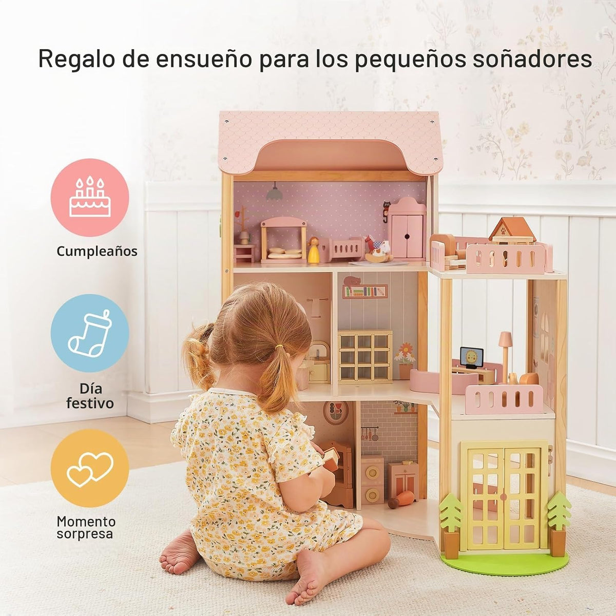 OOOK - Casa de muñecas de madera con 60 piezas de accesorios y mueb...