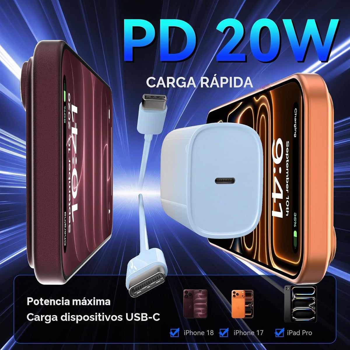 Cargador rápido para iPhone 18 17 16 Pro Max, cargador USB C de 20...