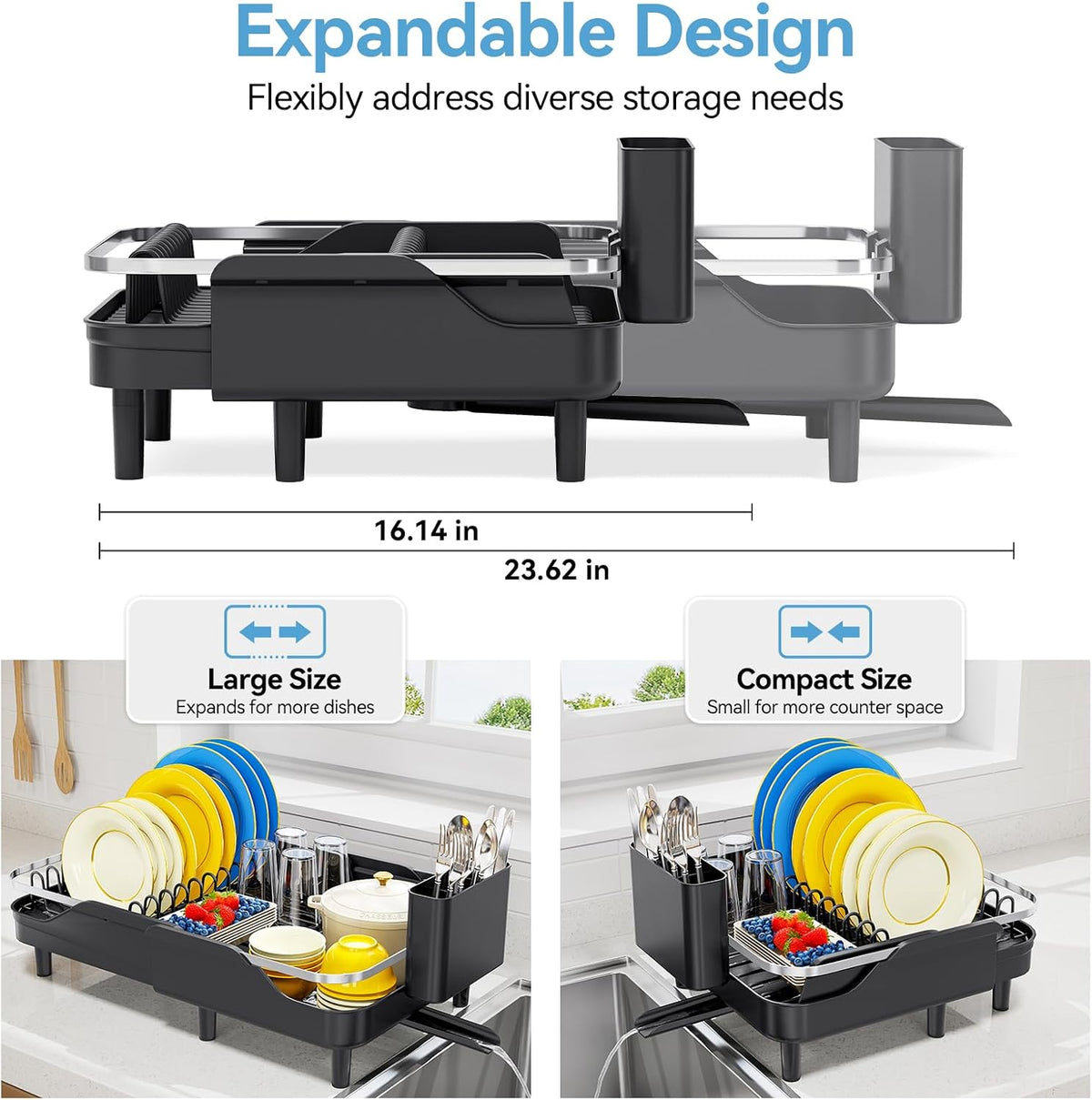 Urackify Escurridor extensible para encimera de cocina, 16.2-23.7 p...