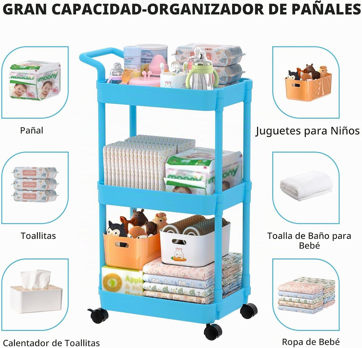 Carrito para pañales Volnamal, carrito con ruedas de 3 niveles para...