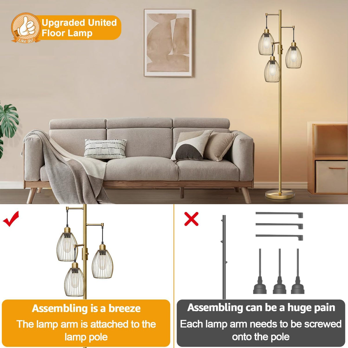 Lámpara de pie regulable, 3 bombillas LED Edison de 800LM incluidas...