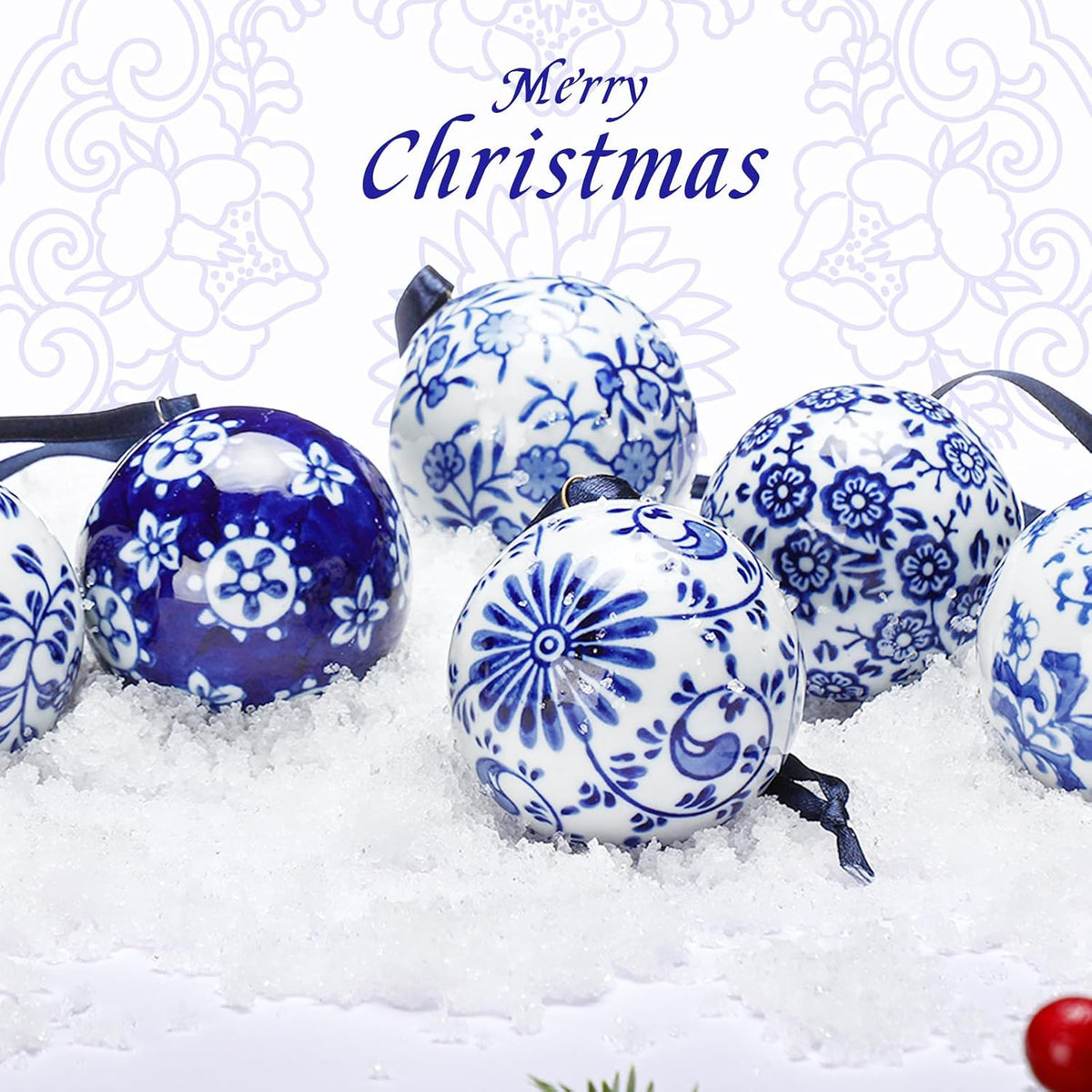 Cindeer - 6 bolas de porcelana de Navidad azules y blancas, estilo...