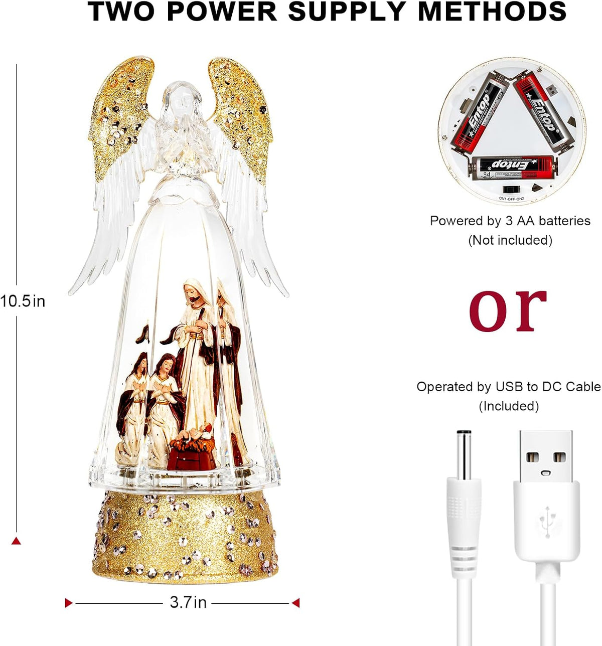 Figura iluminada de globo de nieve de ángel, alas de purpurina dora...