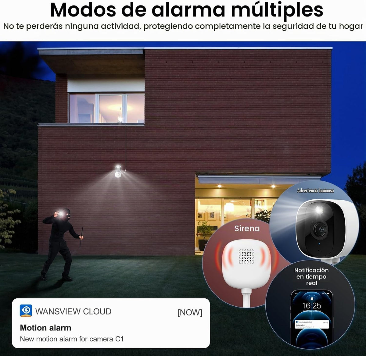 Cámara interior/exterior AOQEE 2K, resistente al agua IP65 y luz bl...