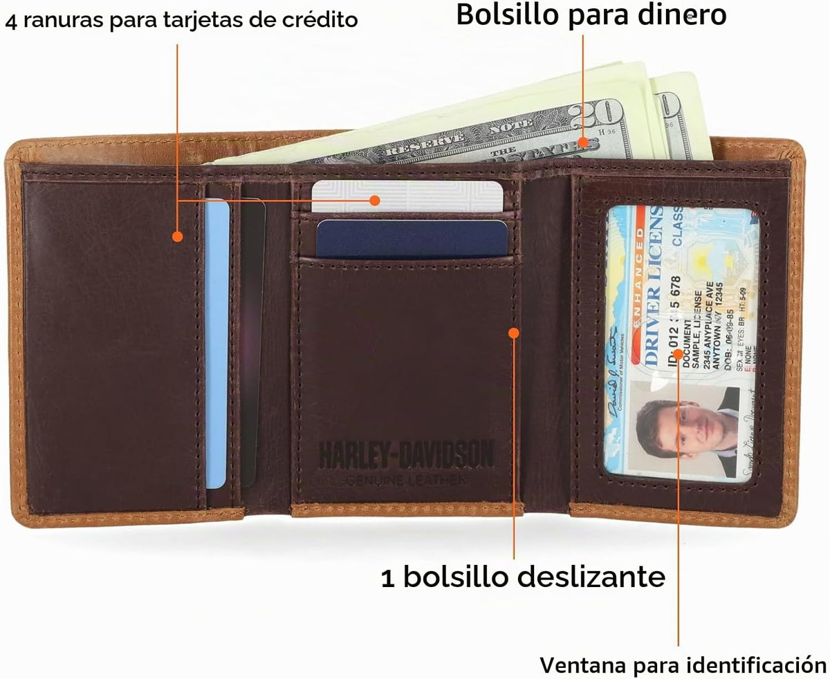 Harley-Davidson Billetera triple con bloqueo RFID de cuero genuino...