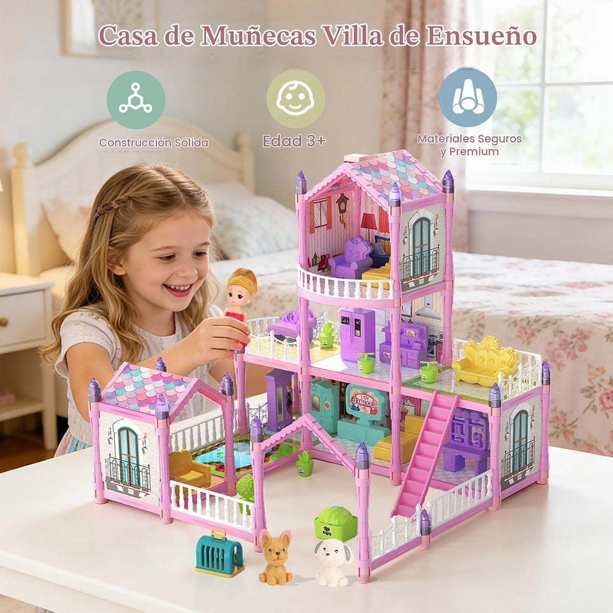 Randhar Casa de muñecas rosa Bubblegum para niñas, casa de muñecas...