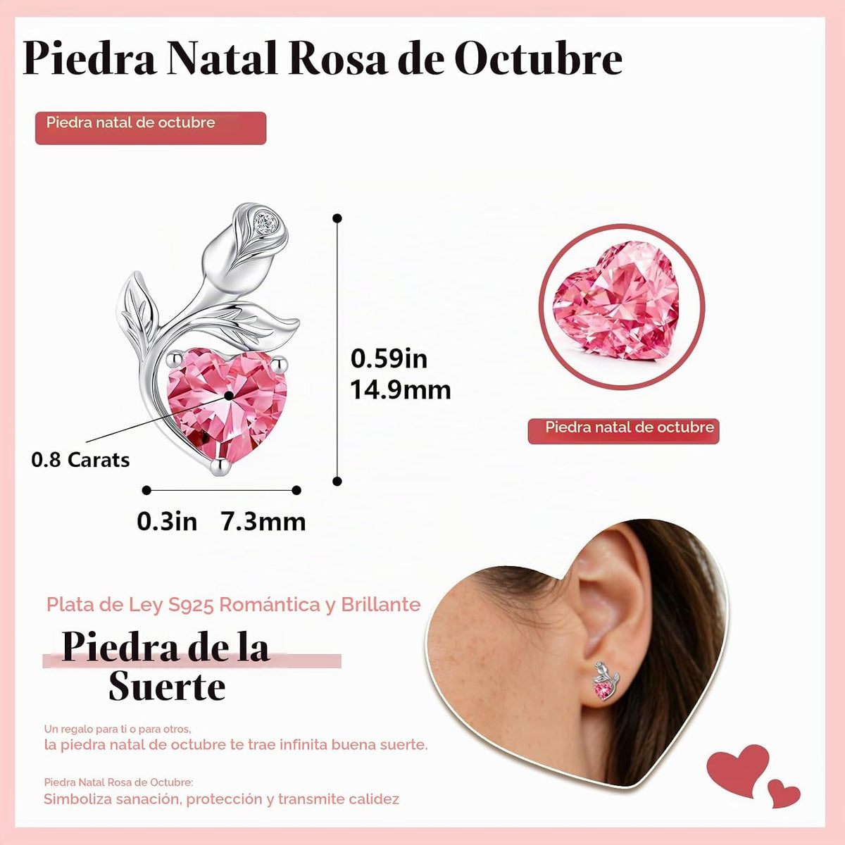 JACUPO Aretes de tuerca con piedra natal de corazón rosa de 0.8 qui...
