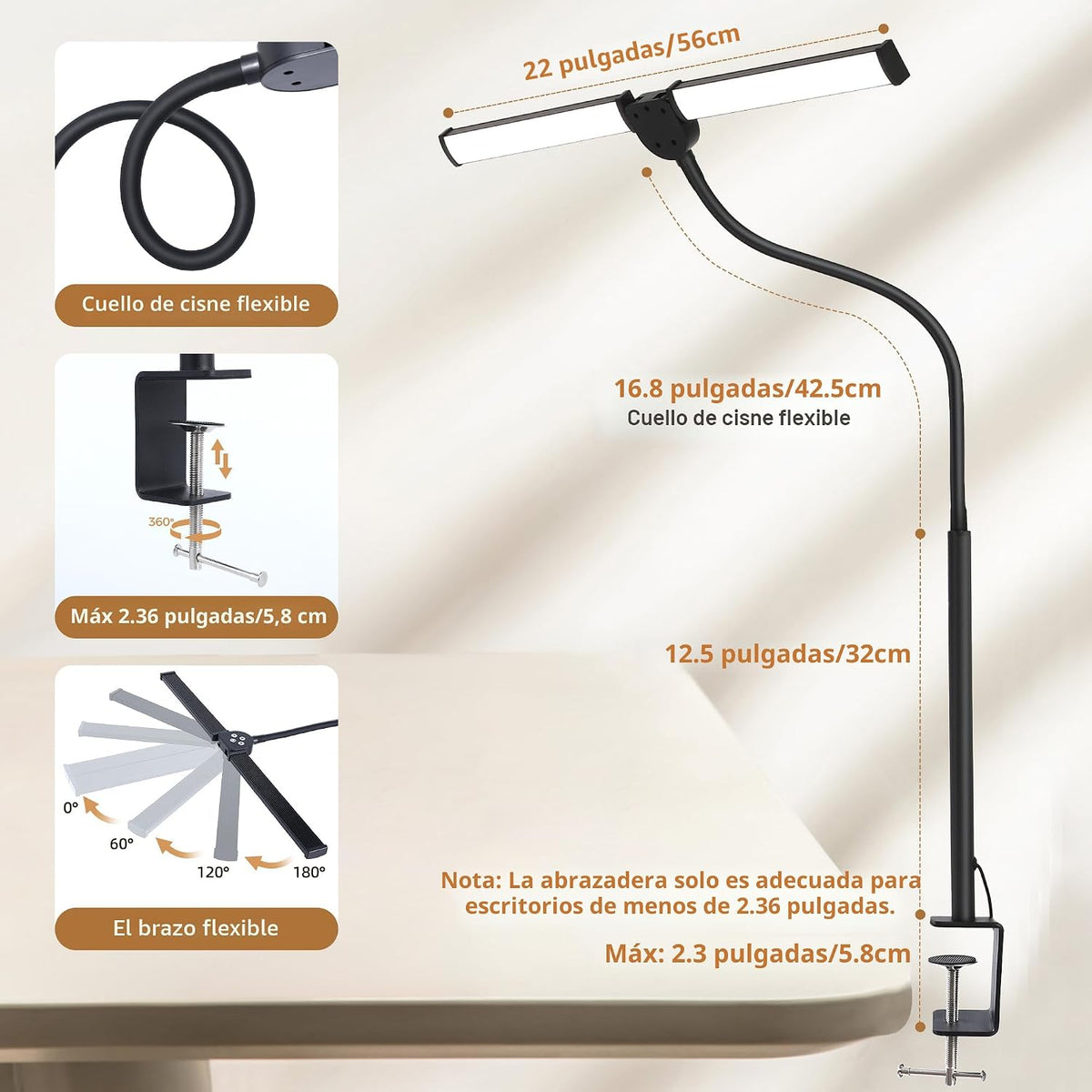 Motumen Lámpara de escritorio LED para oficina en casa, abrazadera...