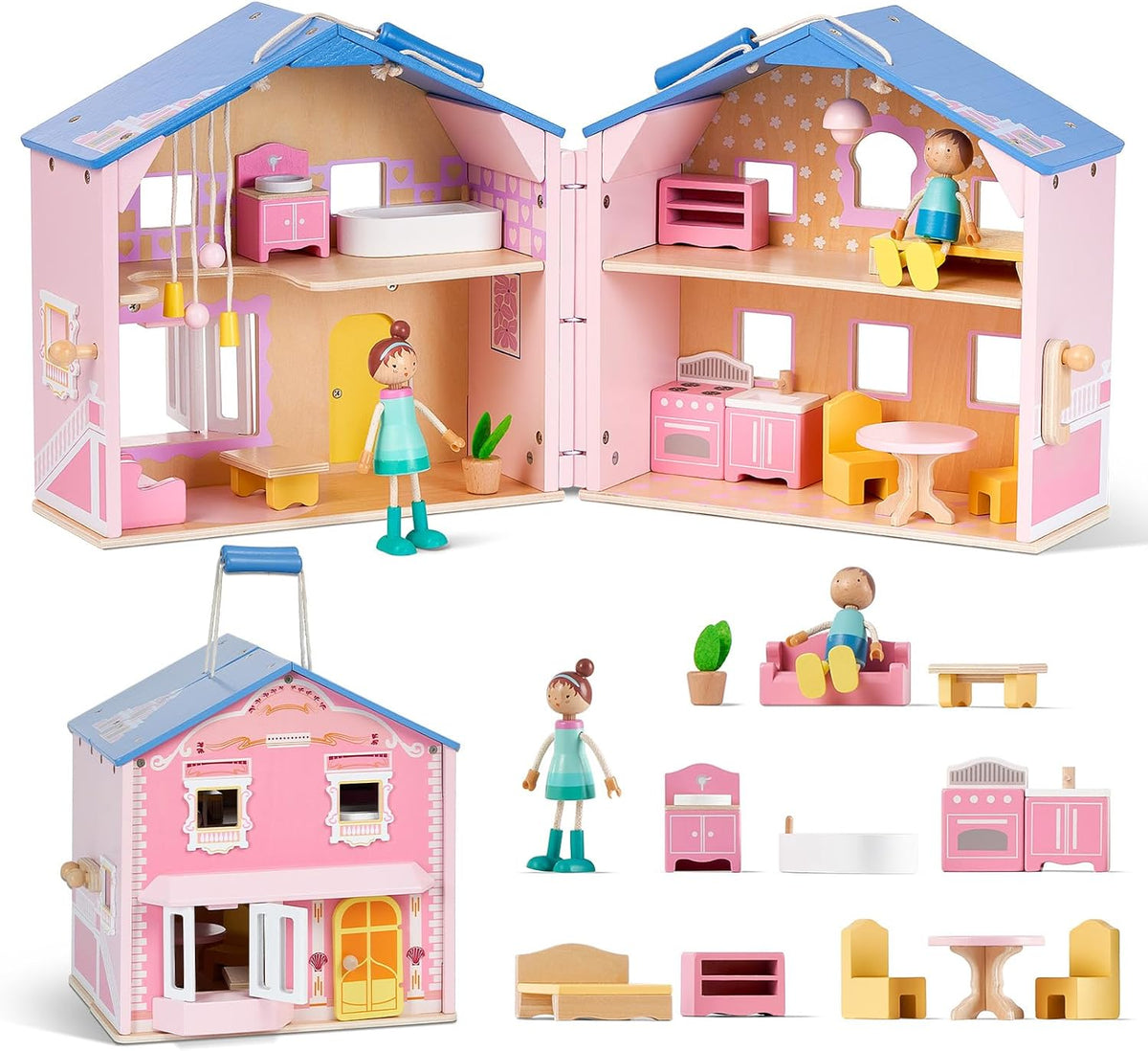 Exquisita casa de muñecas de madera rosa para niñas con muñecas y m...