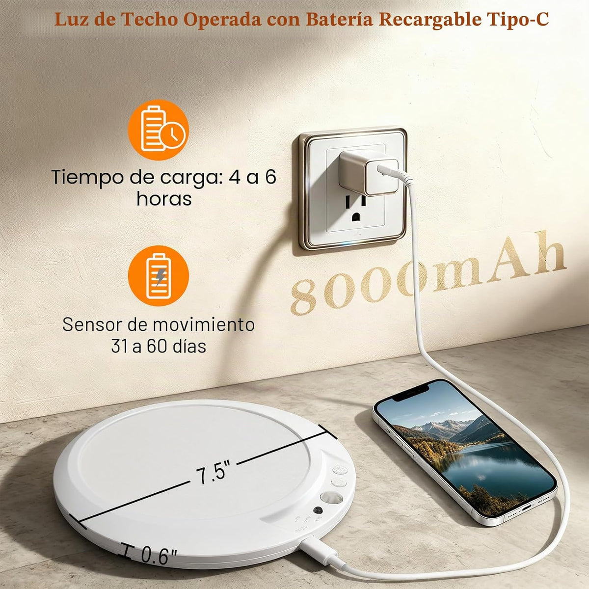 L.JUJAM Lámpara de techo con sensor de movimiento, funciona con pil...