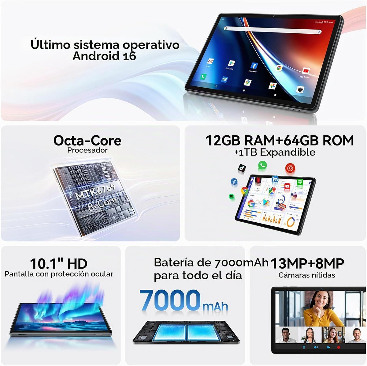 Tablet Android 16 de 10,1 pulgadas, 12 GB + 64 GB, Helio G80 para u...