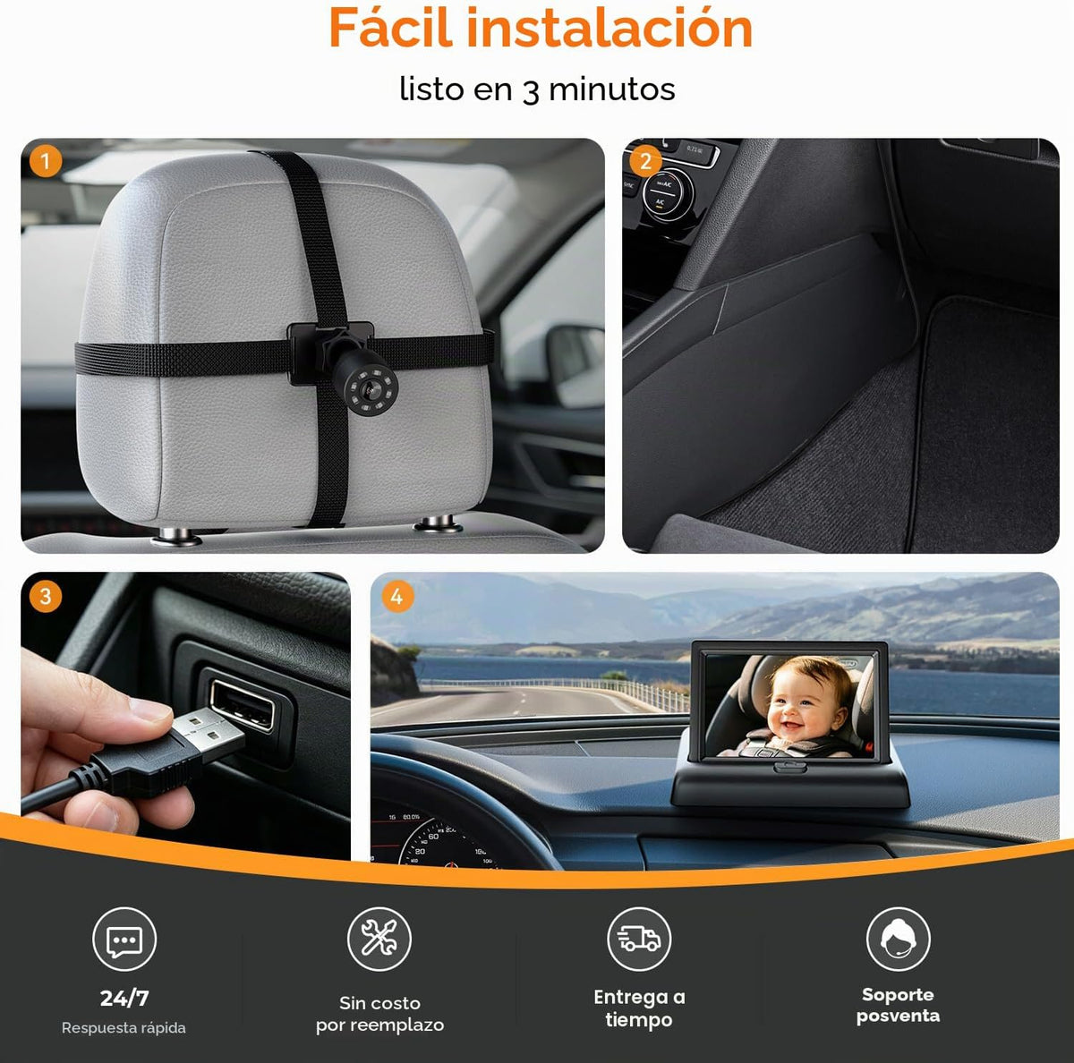 Itomoro Cámara de coche para bebé, alimentada por USB, fácil instal...