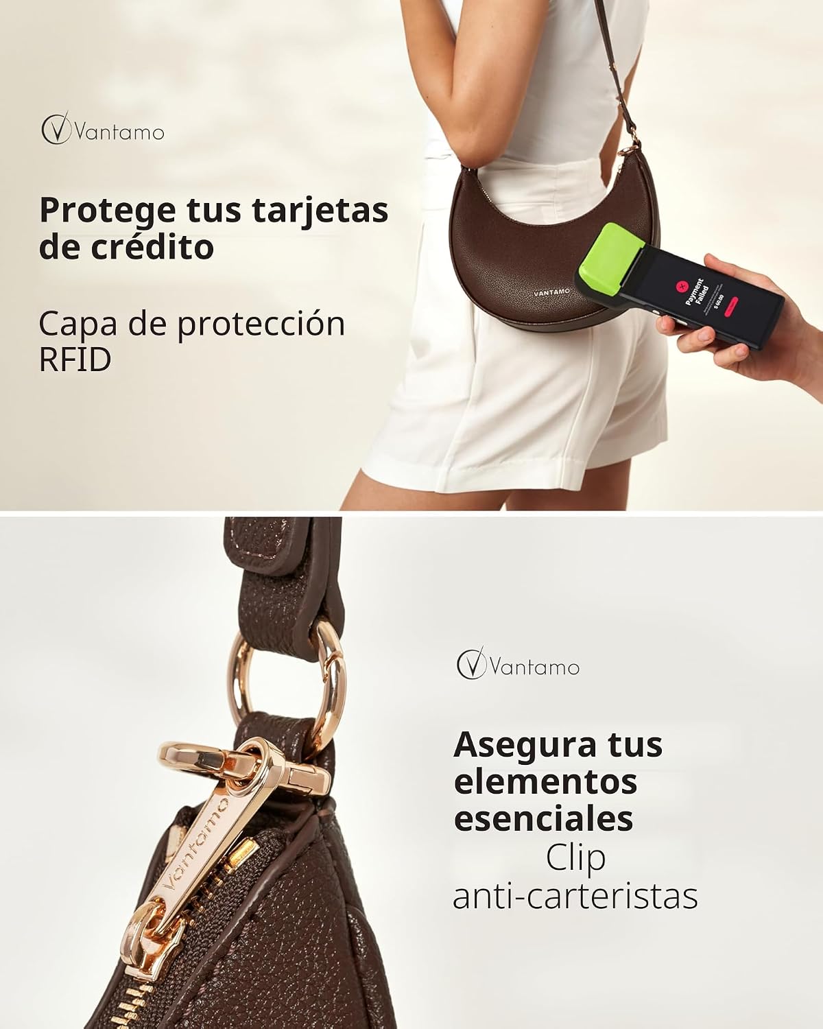 Bolsos Vantamo para mujer con forma de media luna con protección RF...