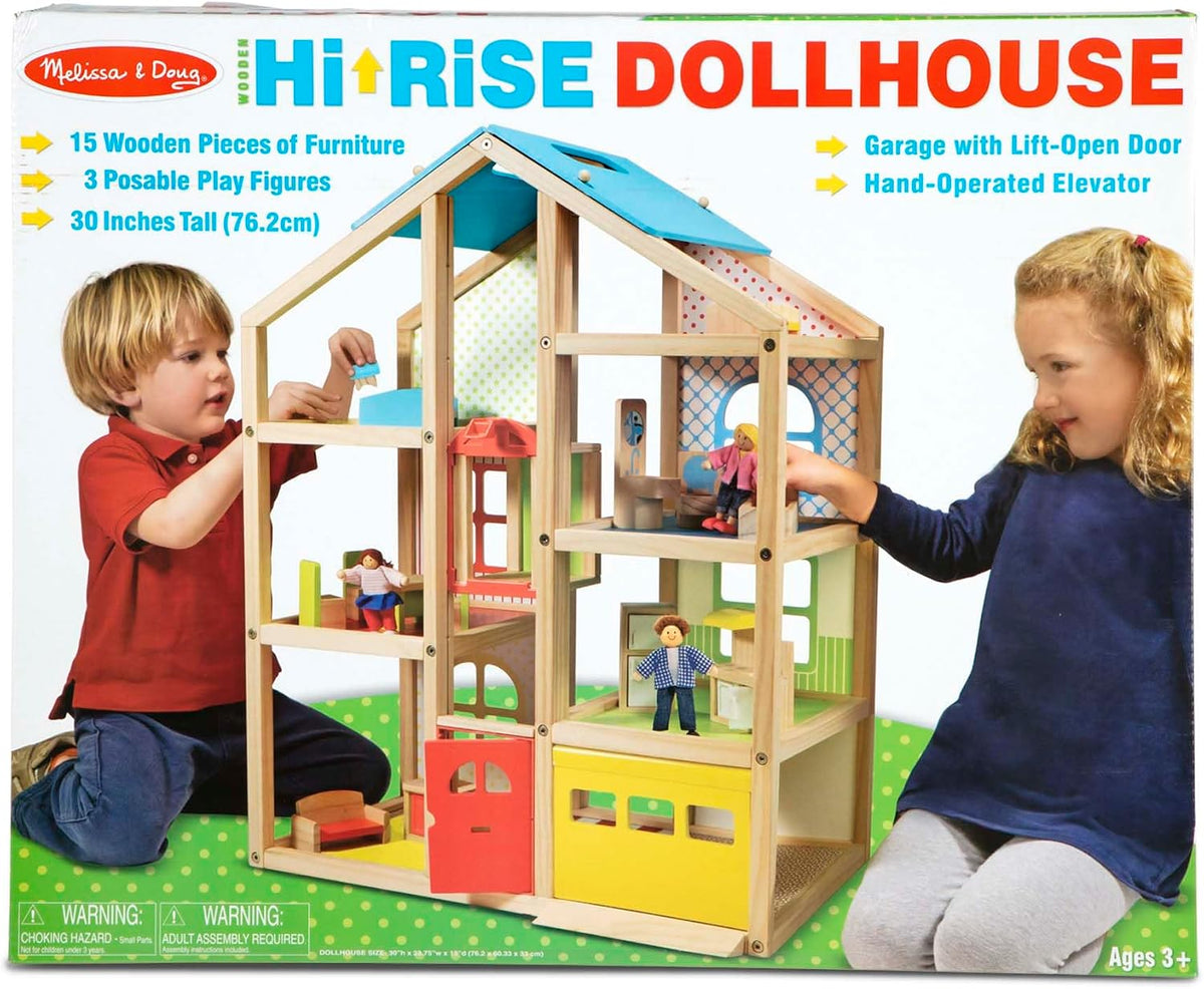 Melissa & Doug Casa de muñecas de madera Hi-Rise con muñecas y...