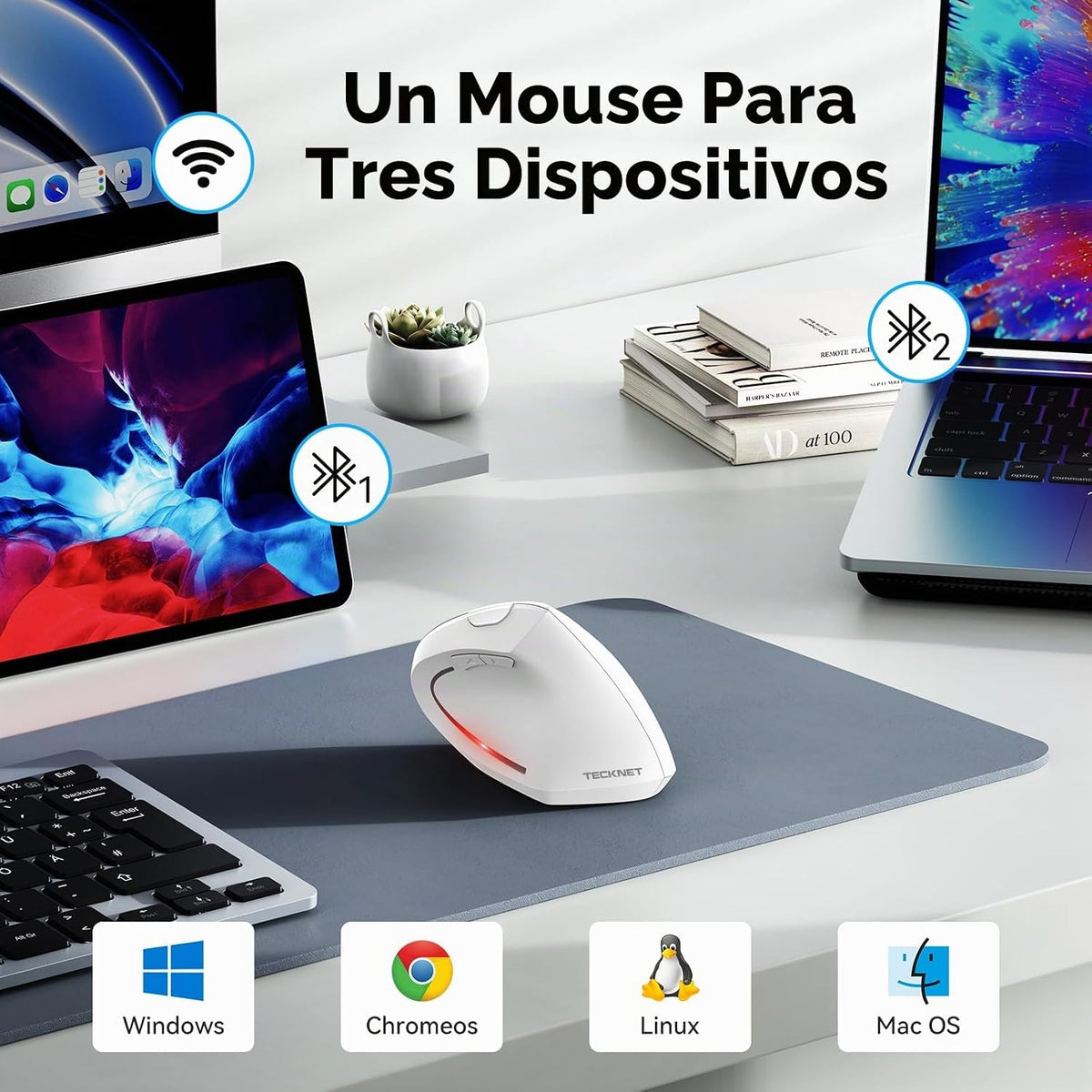 Ratón ergonómico TECKNET, 4800 DPI inalámbrico Bluetooth vertical,...