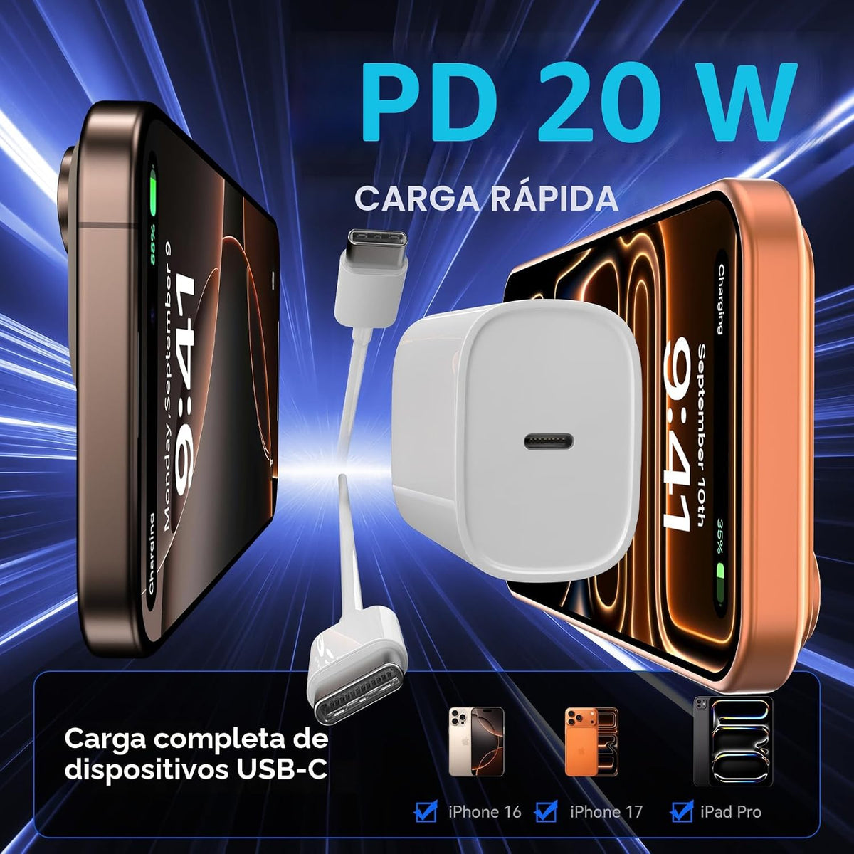 Teléfono 18 17 16 Pro Max Cargador Carga Rápida, 20W Teléfono Duo U...