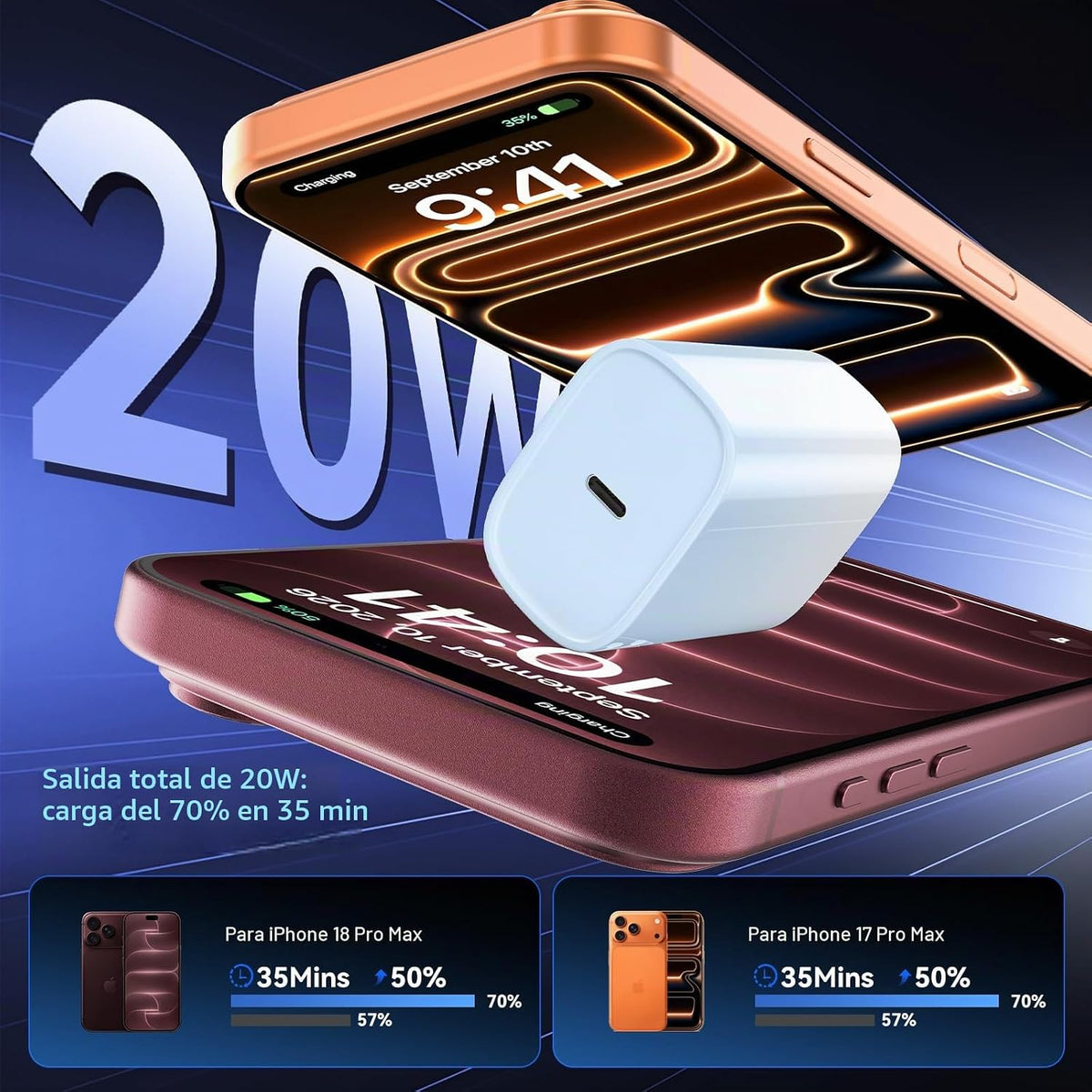 Cargador rápido para iPhone 18 17 16 Pro Max, cargador USB C de 20...