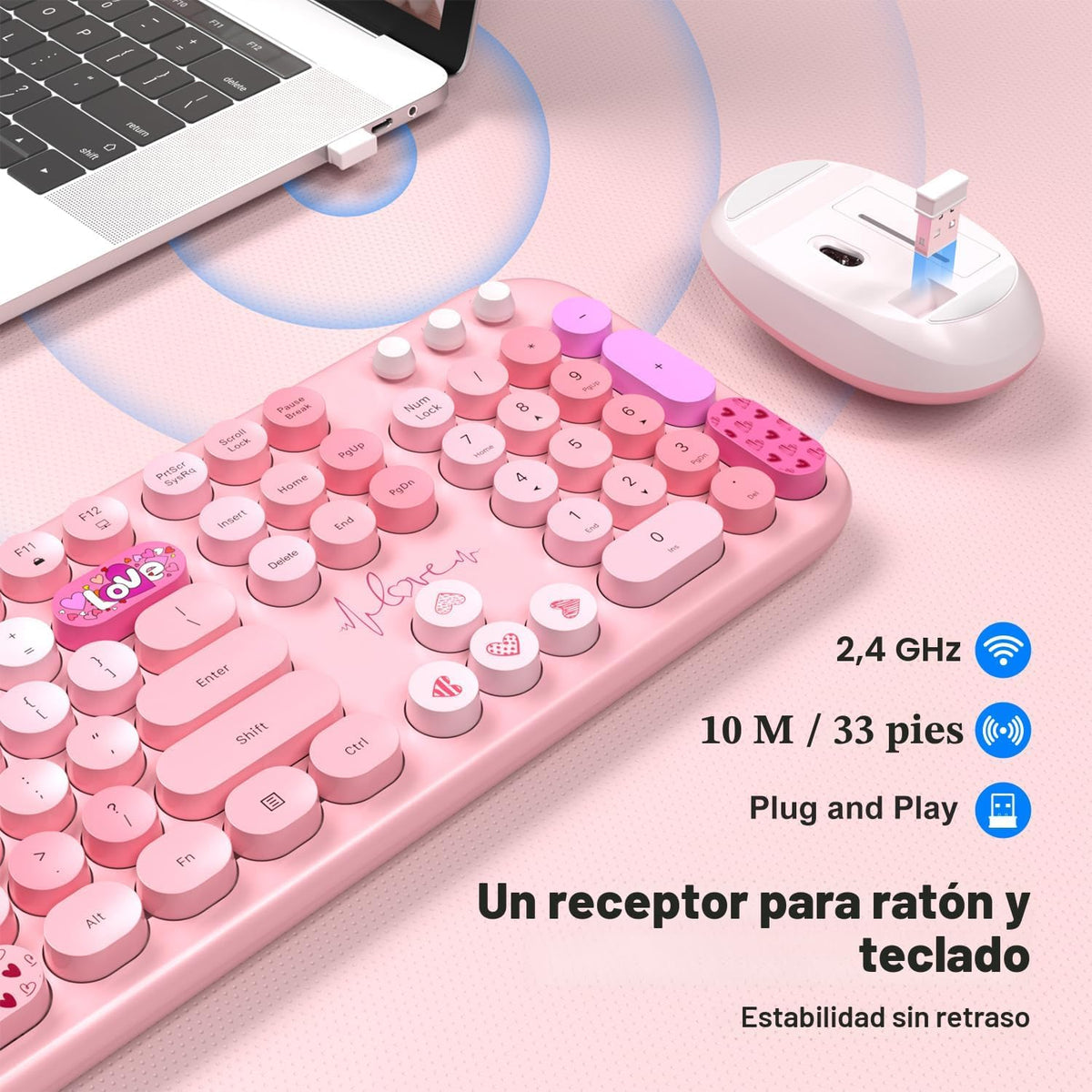 MOFII - Combo de teclado y mouse inalámbricos, teclado retro de tam...