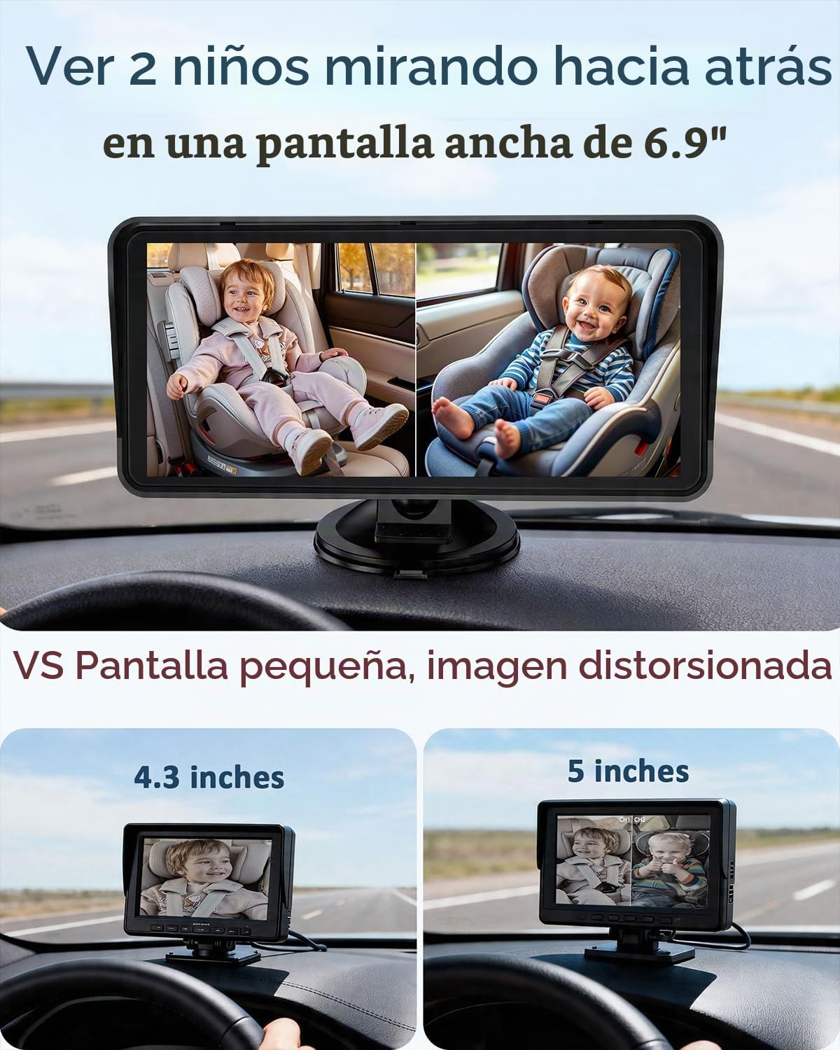 Cámara para coche de bebé para 2 niños para asiento: pantalla ultra...