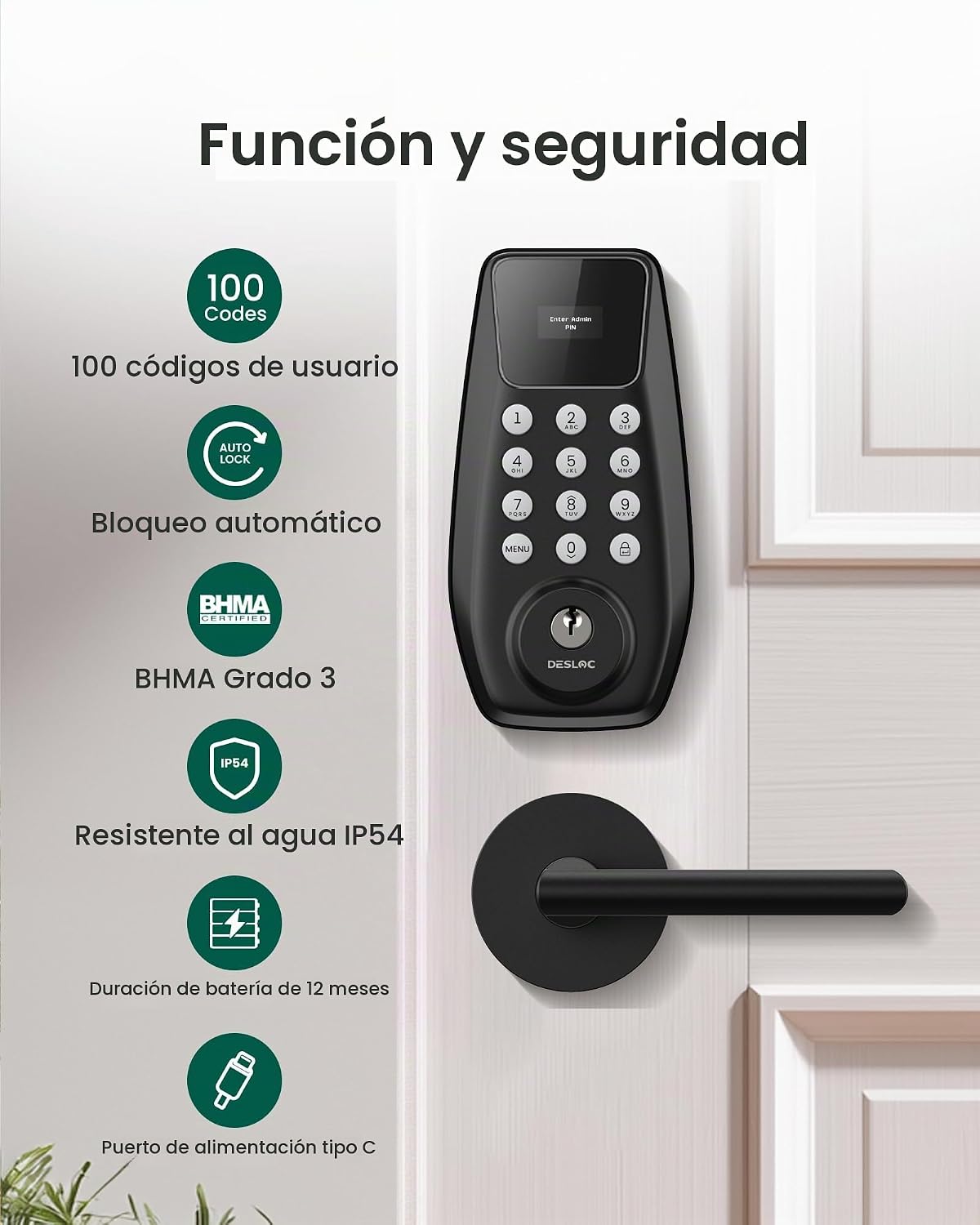 DESLOC Cerradura de puerta de entrada sin llave C100 con 2 manijas...