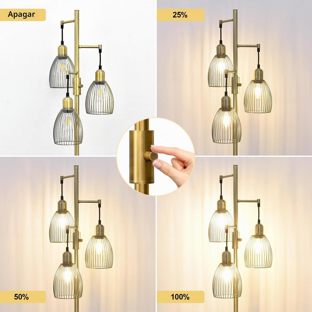 Lámpara de pie regulable, 3 bombillas LED Edison de 800LM incluidas...
