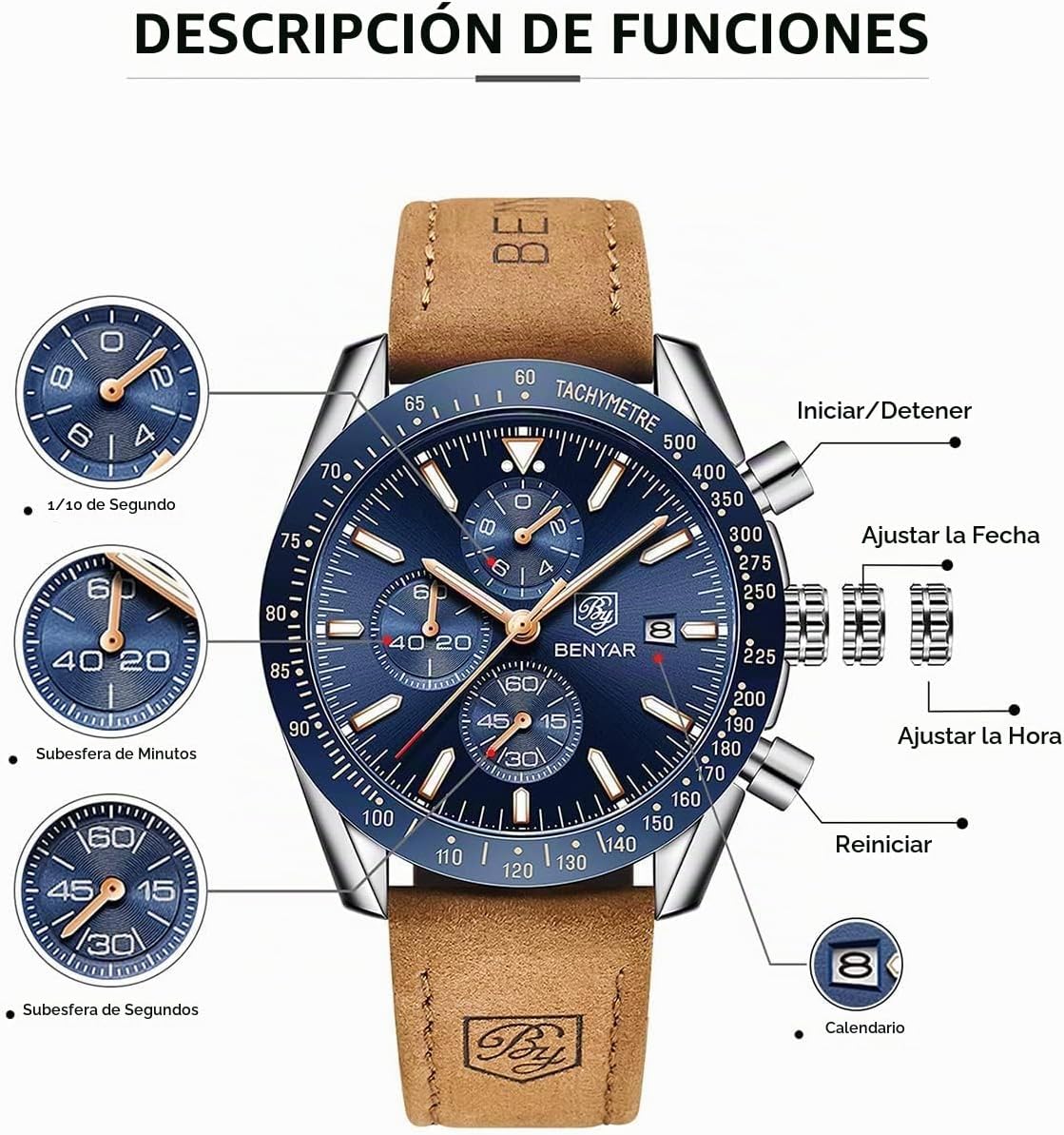 BENYAR Reloj para hombre analógico cronógrafo de cuarzo, impermeabl...