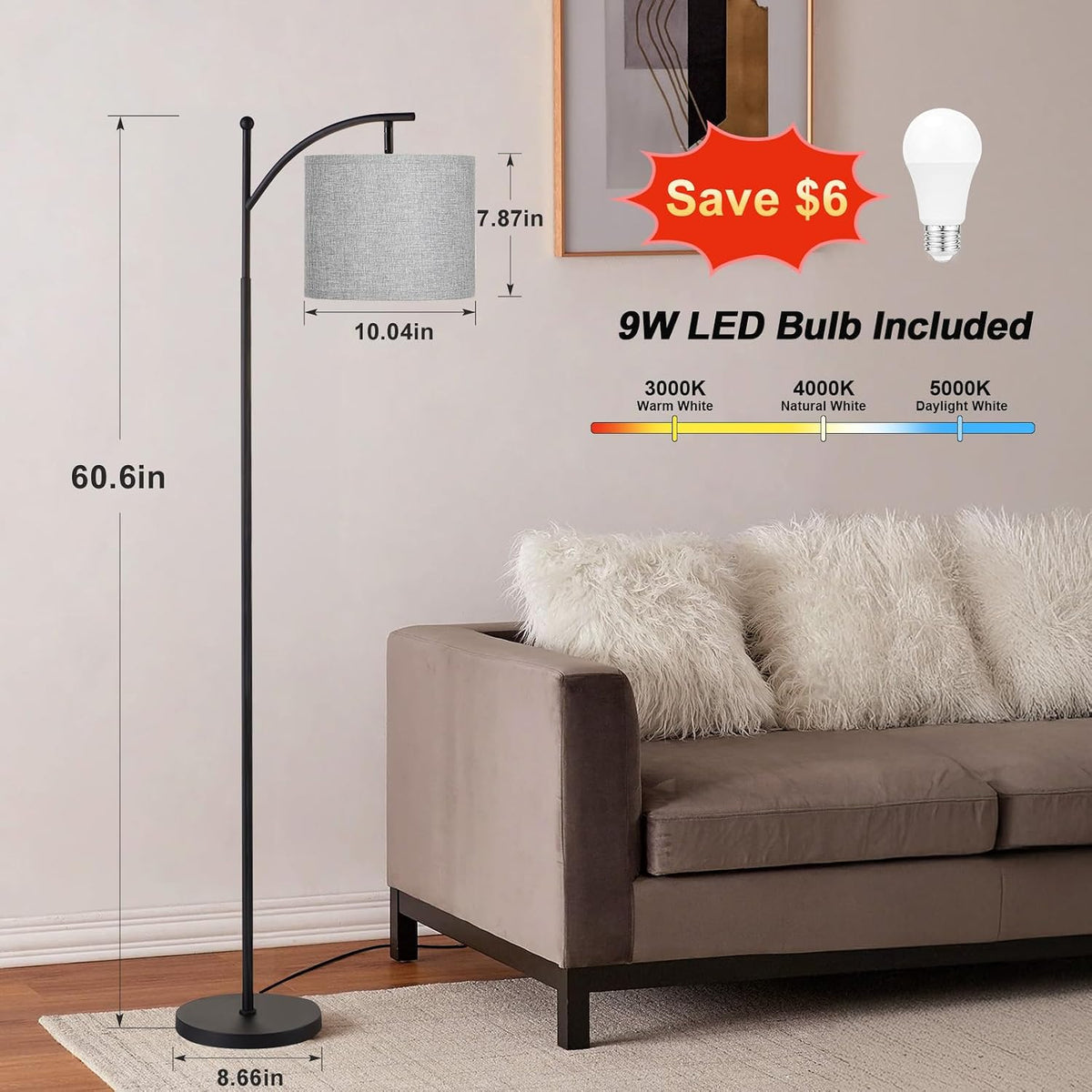 Ambimall Lámpara de pie de 60 pulgadas para sala de estar con 3 tem...