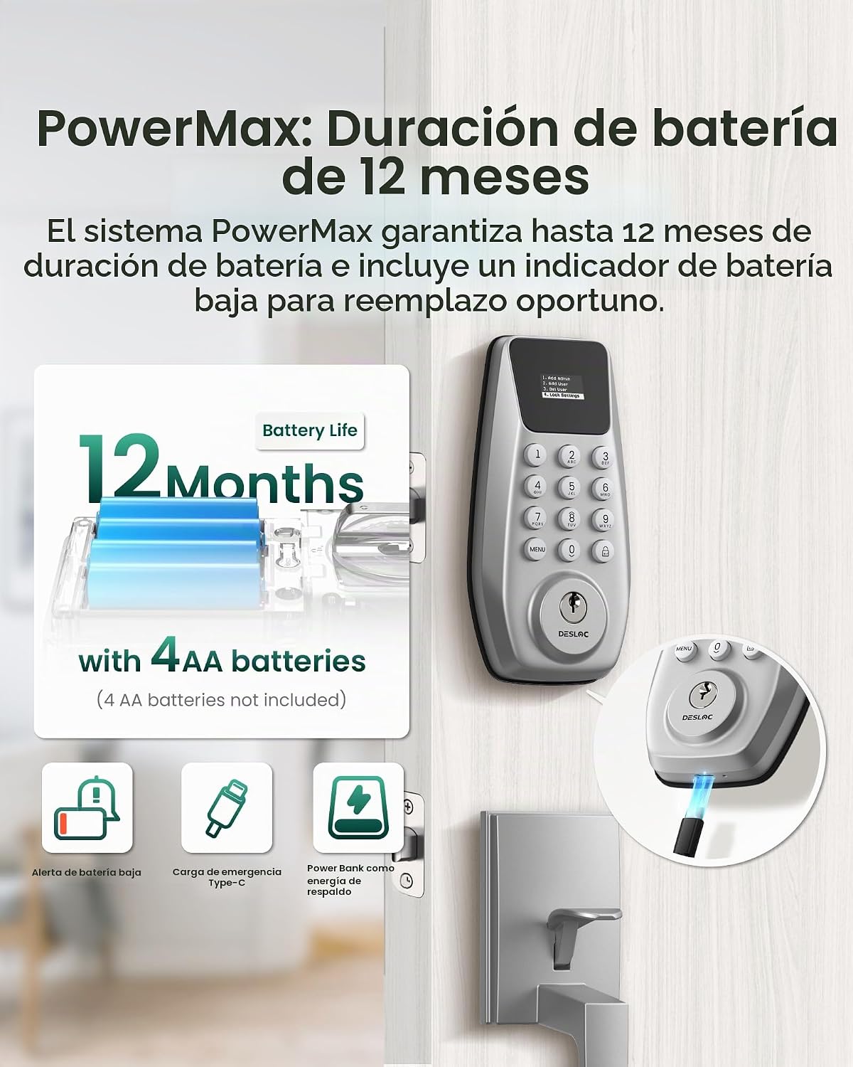 DESLOC Cerradura de puerta de entrada sin llave C100 con juego de m...